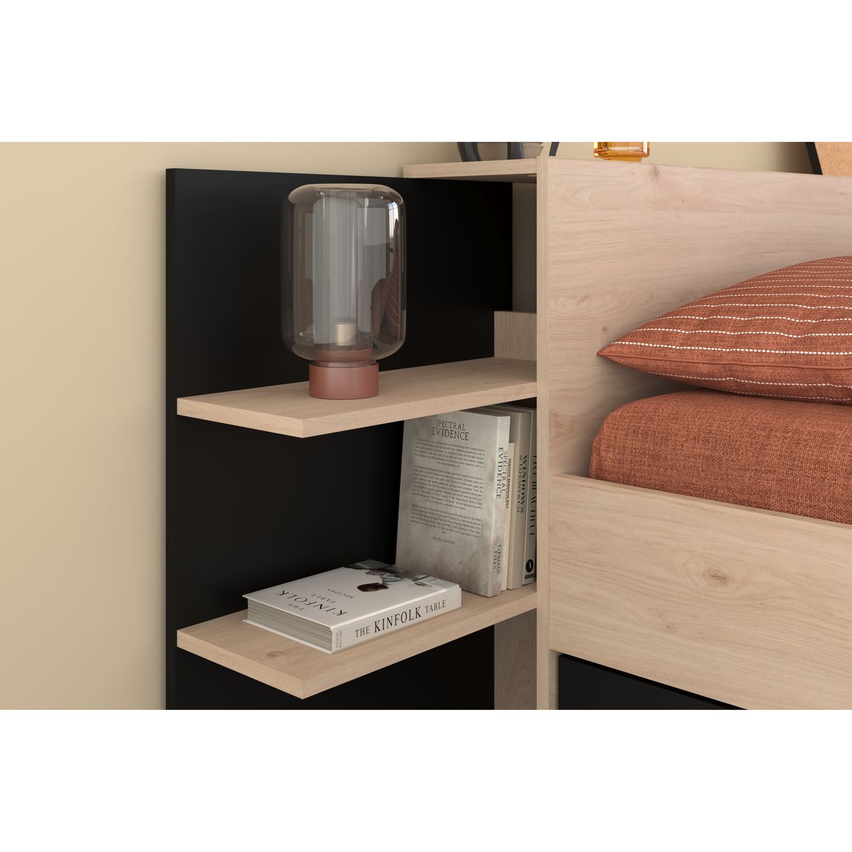 Lit double adulte 140 x 190 / 200 cm avec tête de lit et rangements HORN