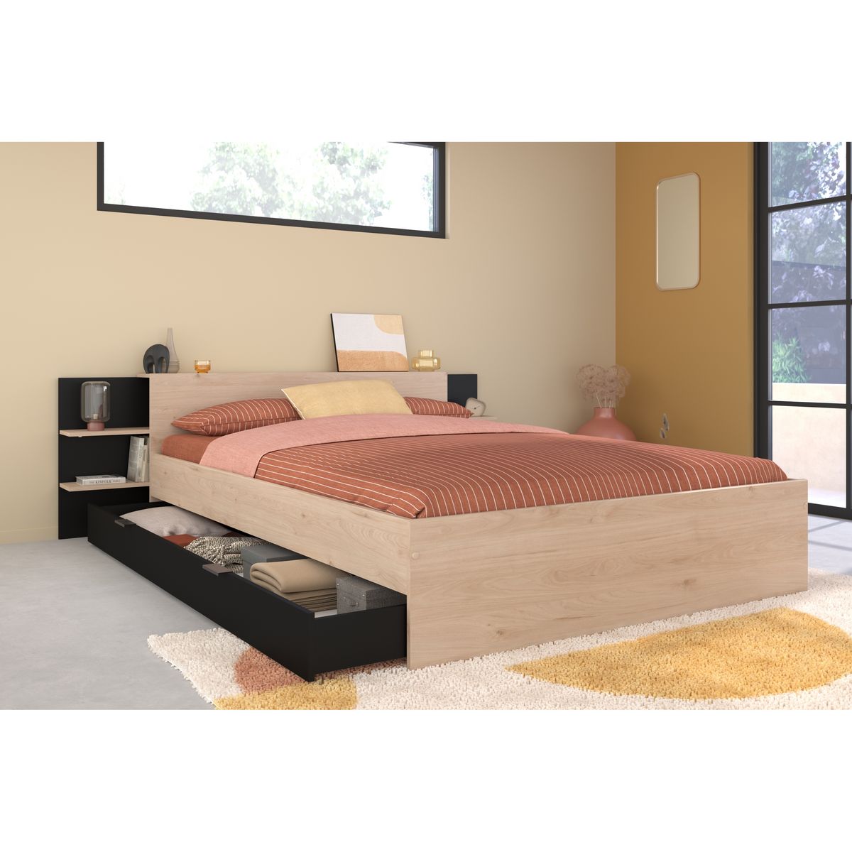 Lit double adulte 140 x 190 / 200 cm avec tête de lit et rangements HORN