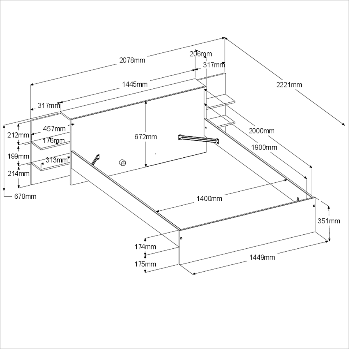 Voir la diapositive 9 : Lit double adulte 140 x 190 / 200 cm avec tête de lit et rangements HORN