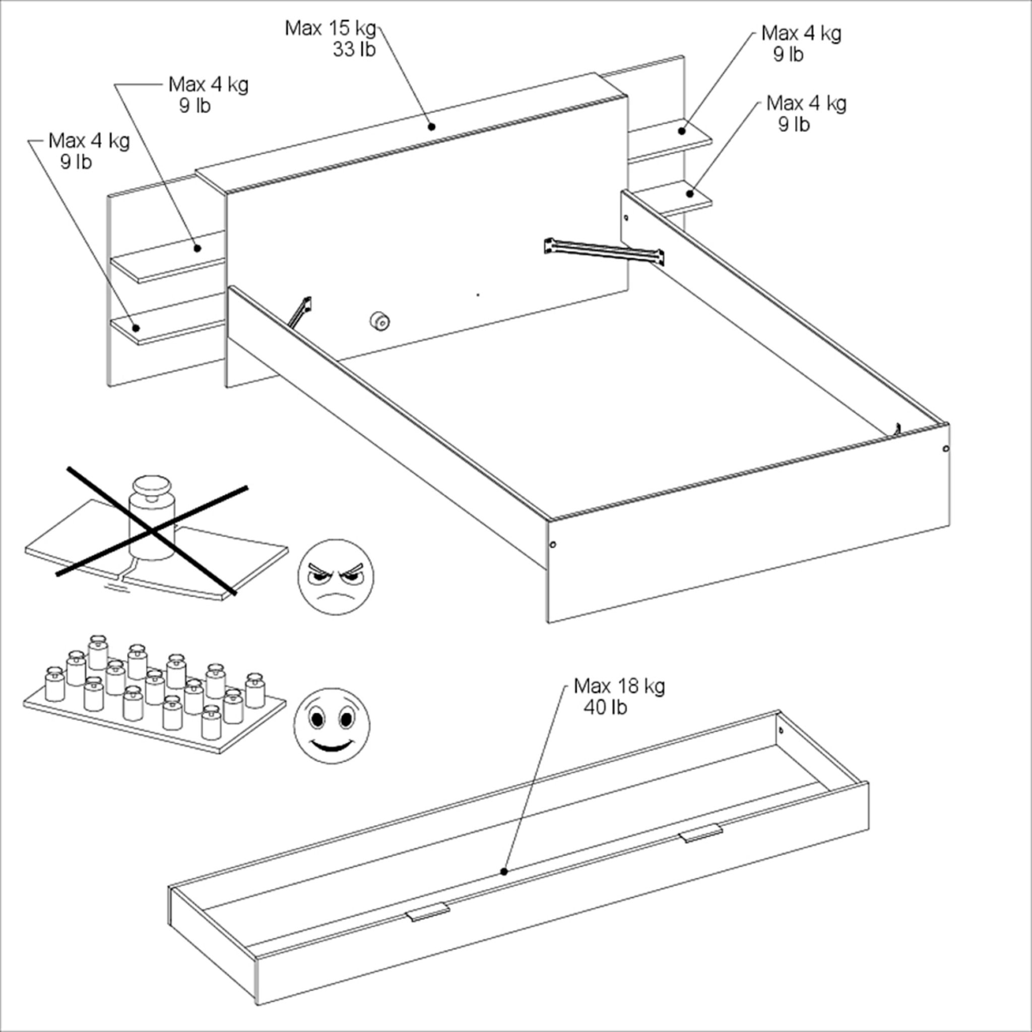 Voir la diapositive 11 : Lit double adulte 140 x 190 / 200 cm avec tête de lit et rangements HORN