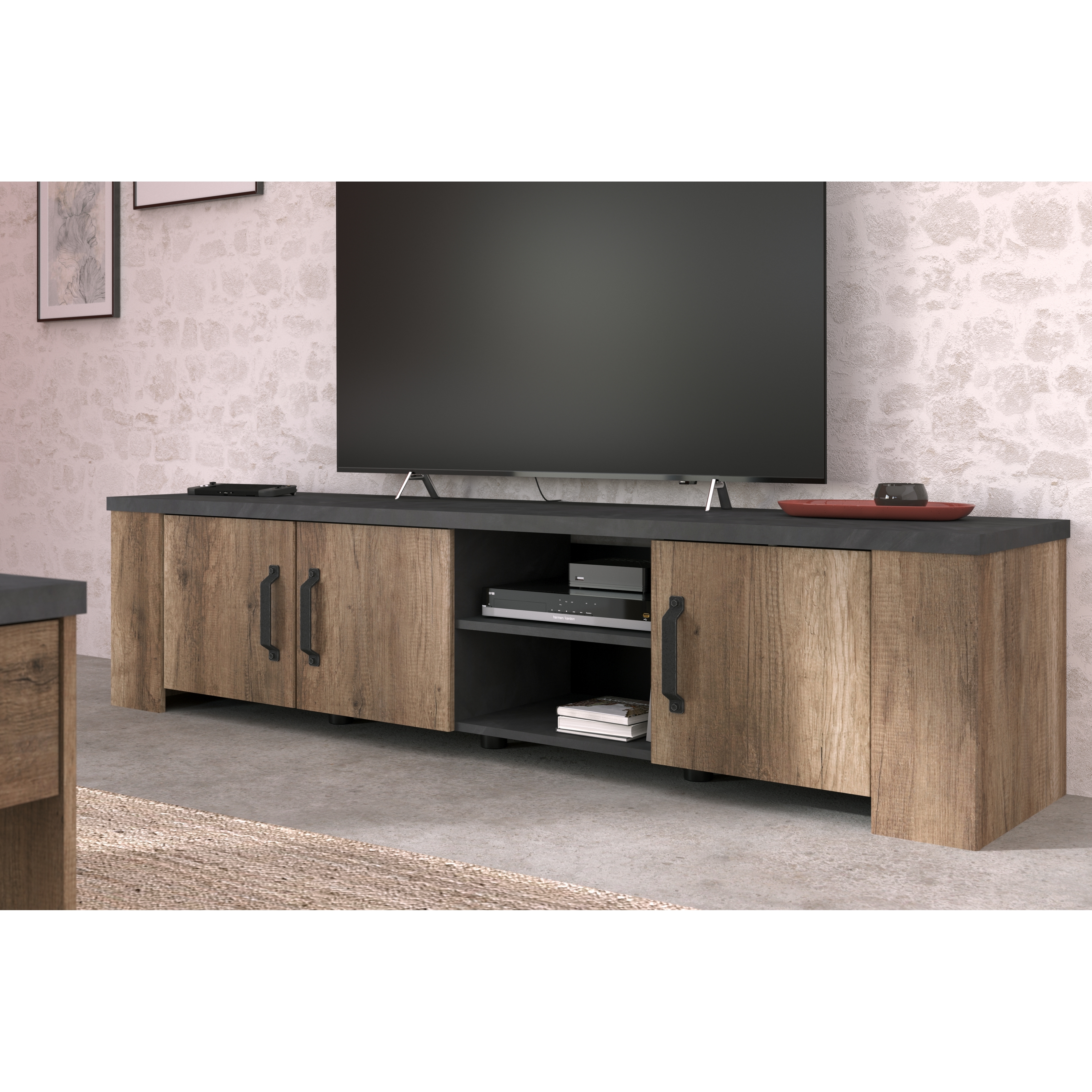 Voir la diapositive 2 : Meuble TV 3 portes 1 étagères L 184cm TORSTEN