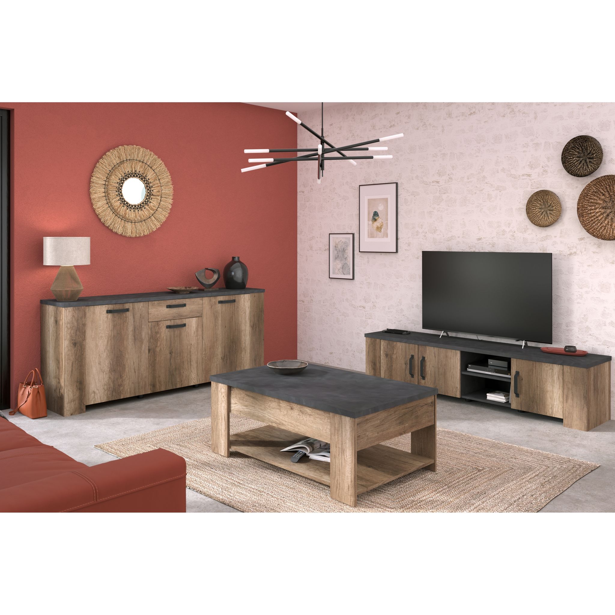 Voir la diapositive 7 : Meuble TV 3 portes 1 étagères L 184cm TORSTEN