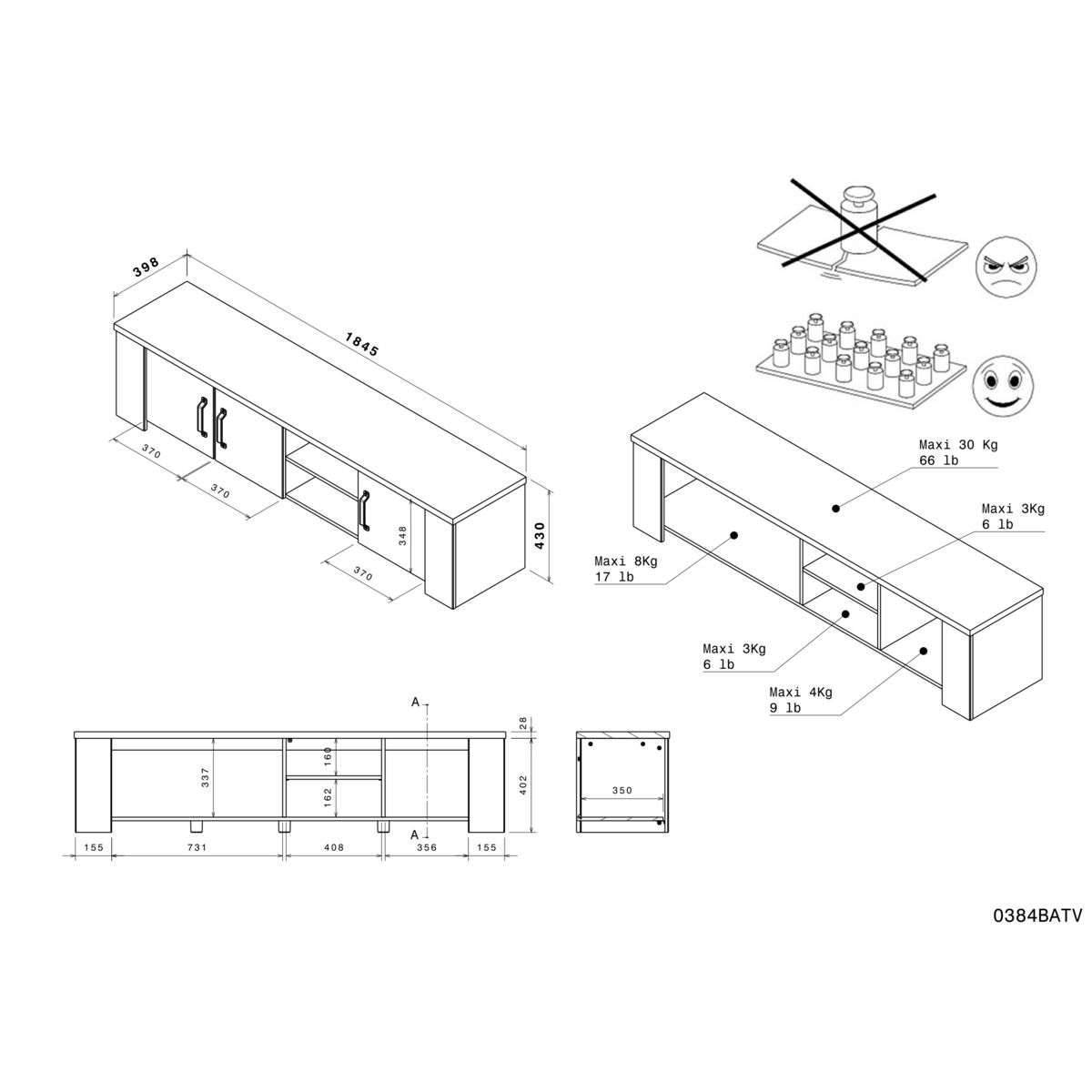 Meuble TV 3 portes 1 étagères L 184cm TORSTEN