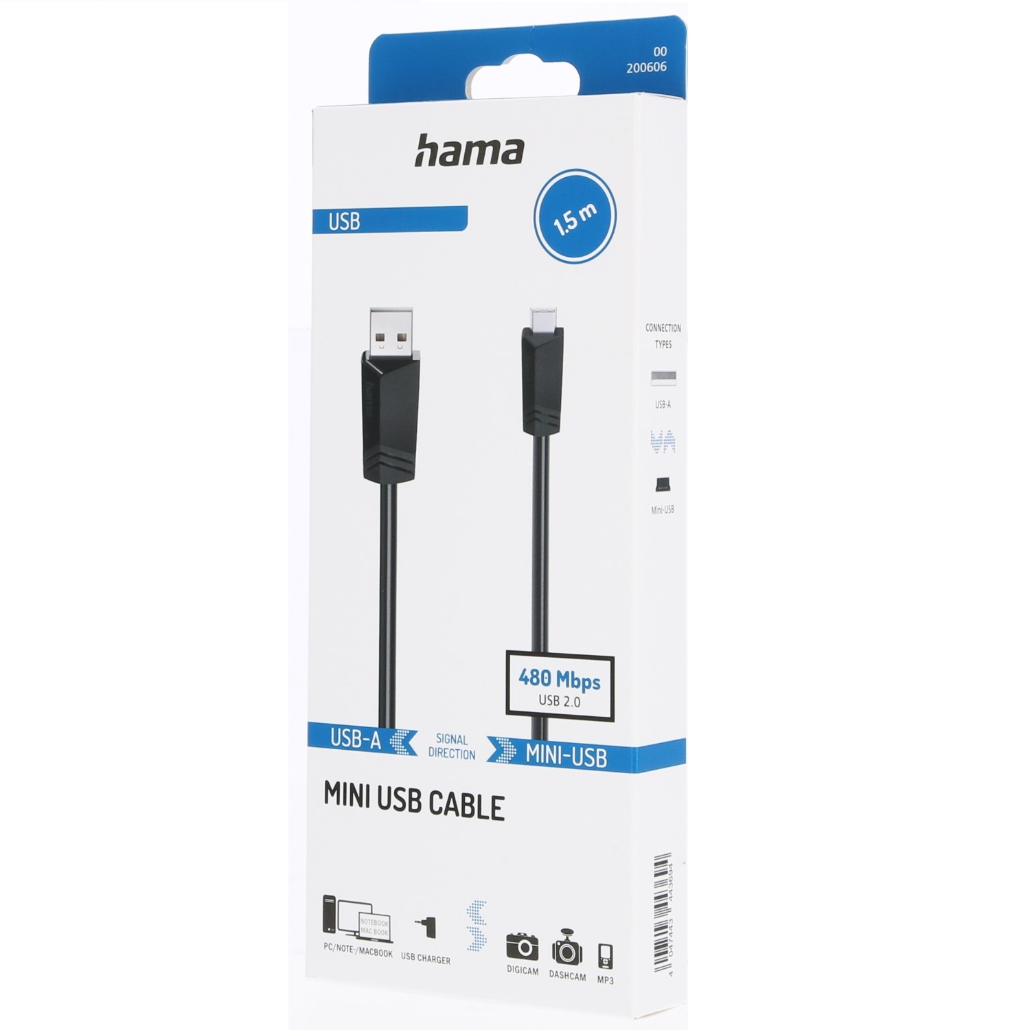 Voir la diapositive 2 : HAMA Câble USB 2.0 A/MiniB 1.50m - Noir