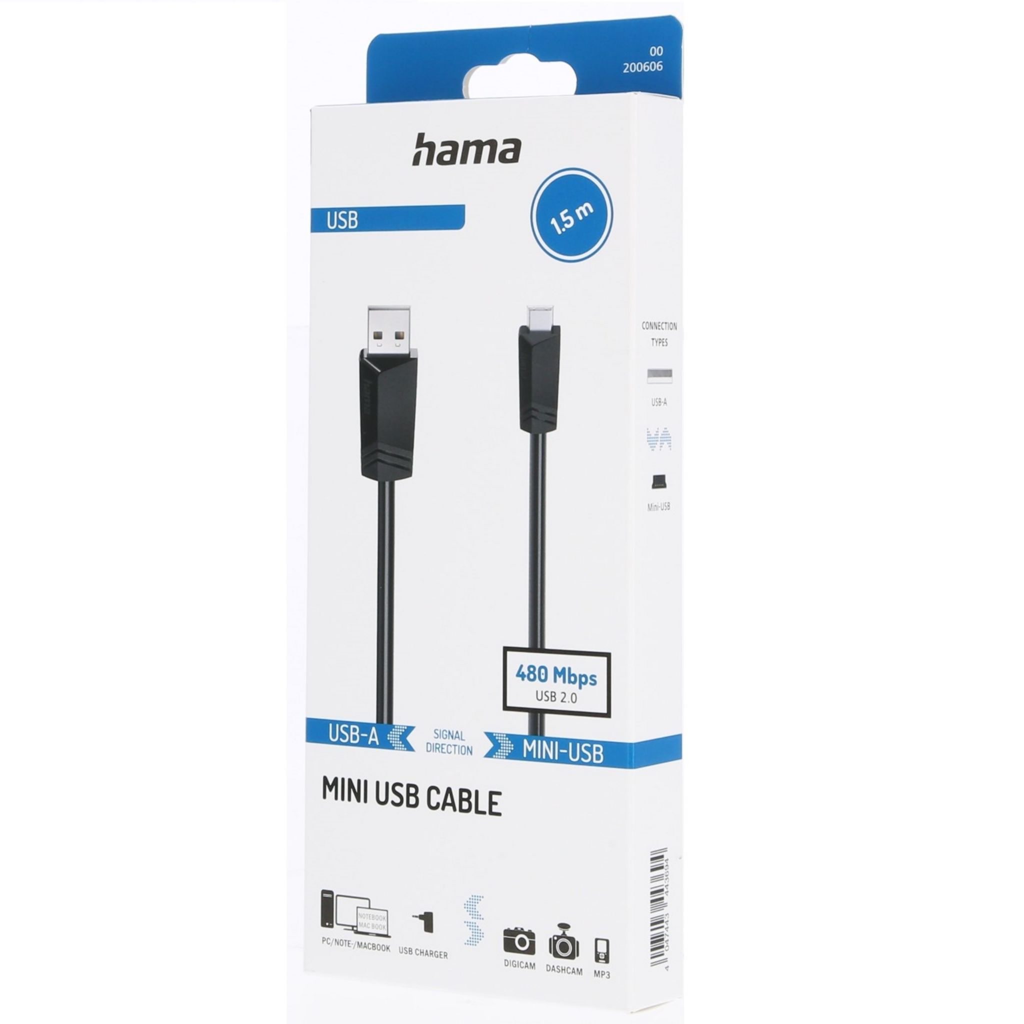 Voir la diapositive 2 : HAMA Câble USB 2.0 A/MiniB 1.50m - Noir