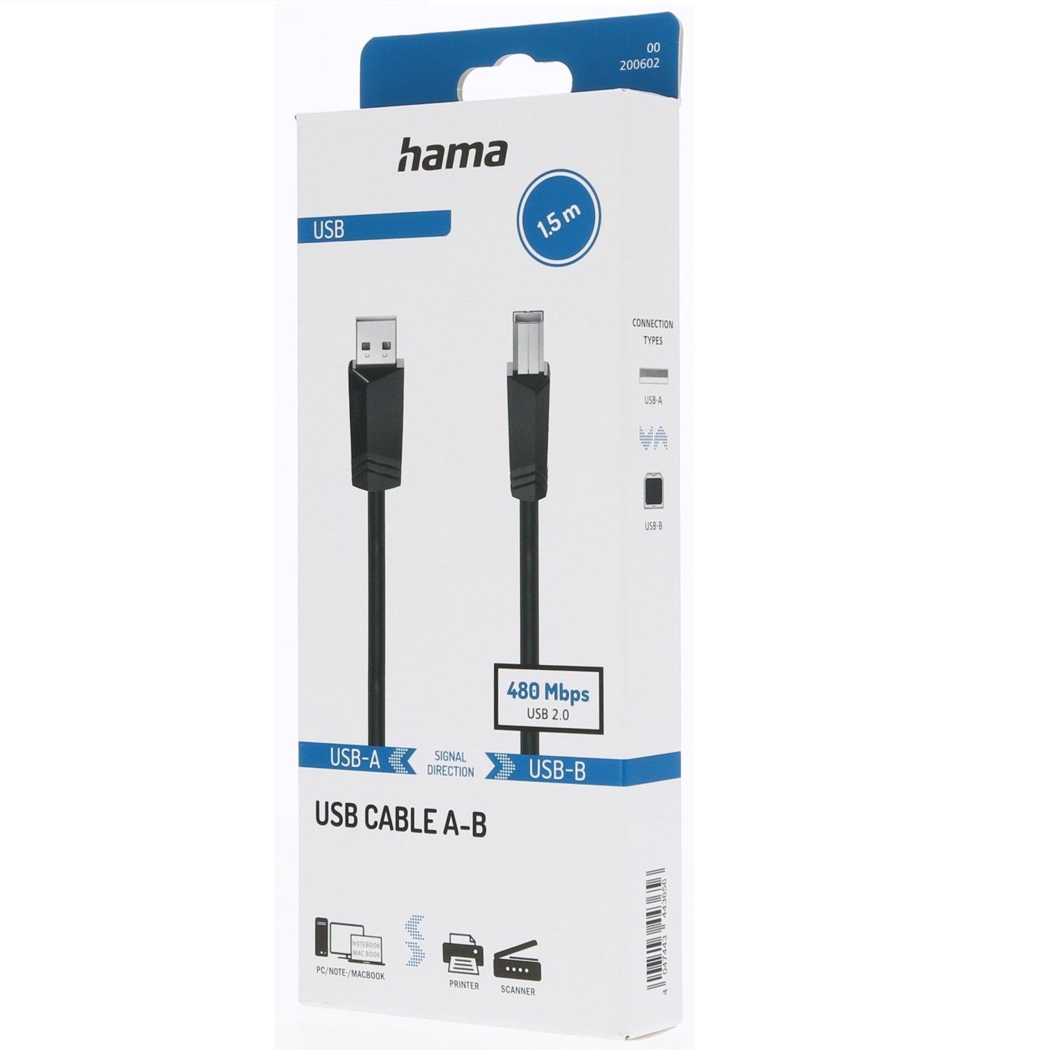 Voir la diapositive 2 : HAMA Câble USB 2.0 A/B 1.50m - Noir