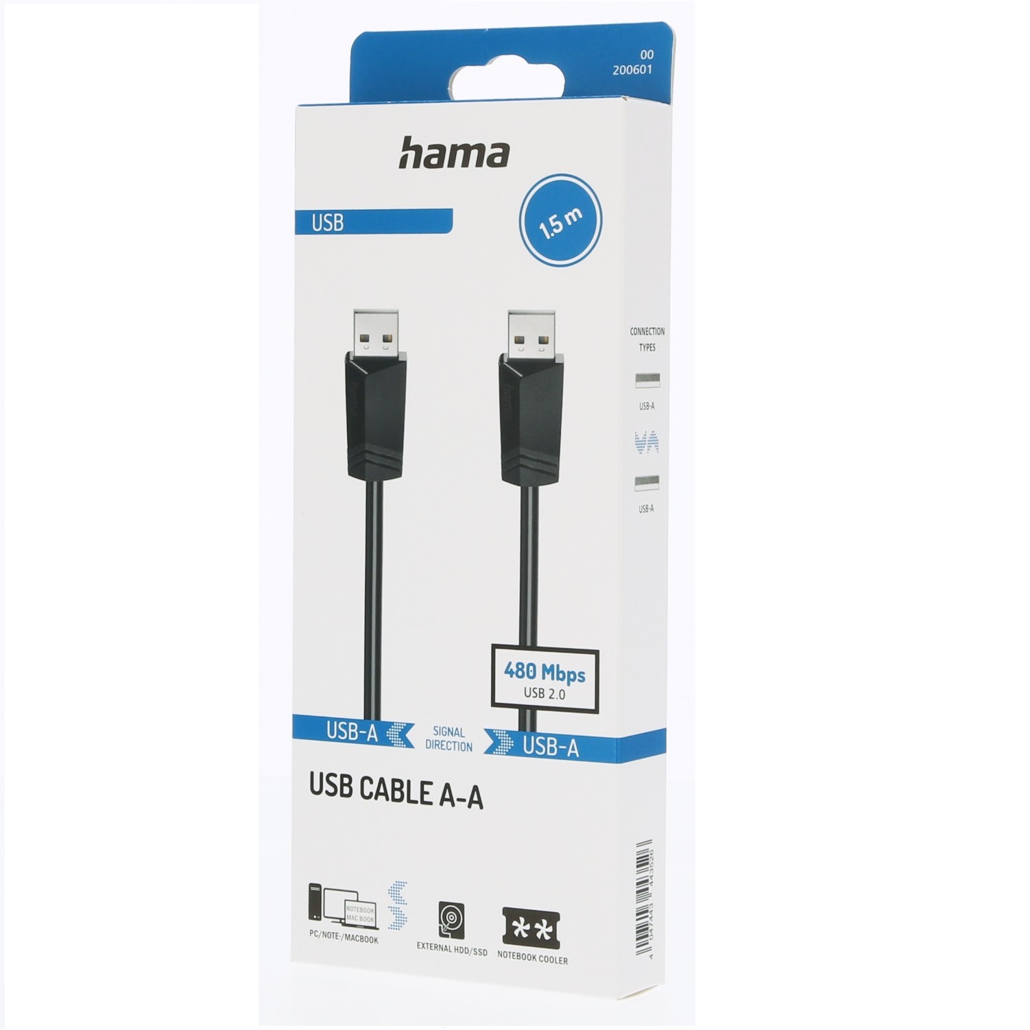Voir la diapositive 2 : HAMA Câble USB 2.0 A/A 1.50m - Noir