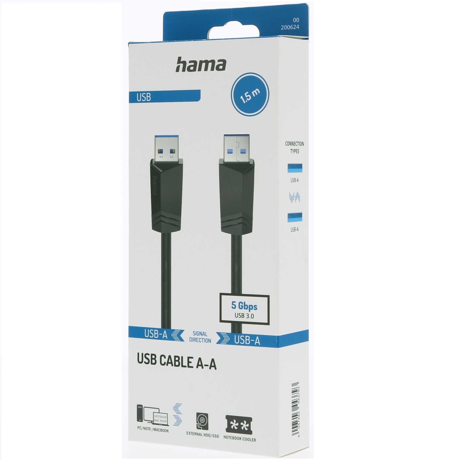Voir la diapositive 2 : HAMA Câble USB 3.0 A/A 1.50 - Noir