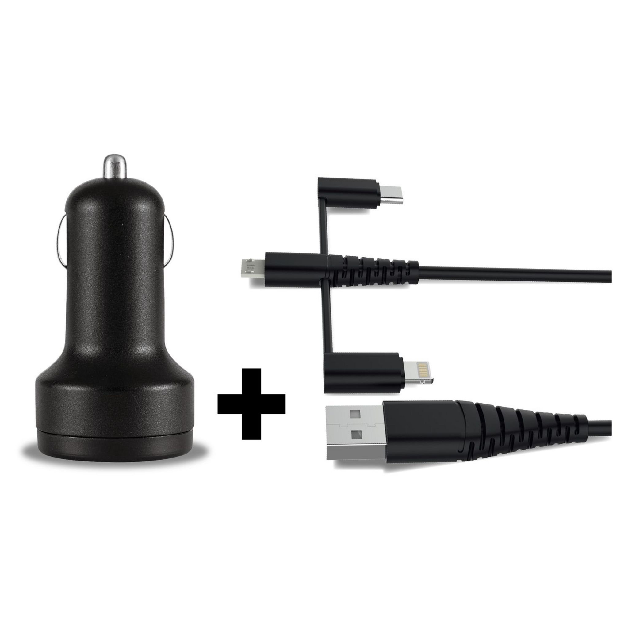 Voir la diapositive 2 : QILIVE Charge Allume cigare 10W+Câble UBC/Lightning/Mini USB C