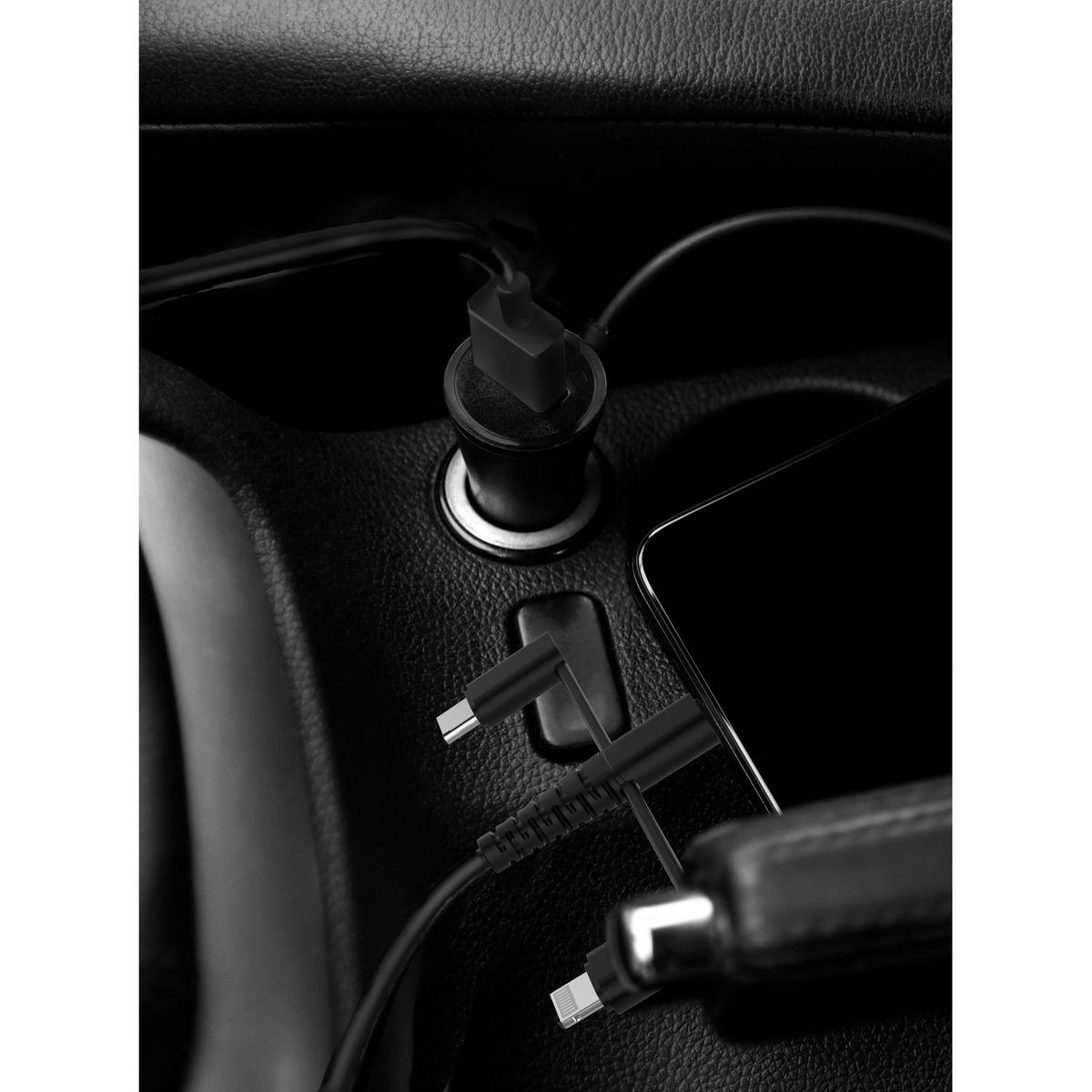 QILIVE Charge Allume cigare 10W+Câble UBC/Lightning/Mini USB C