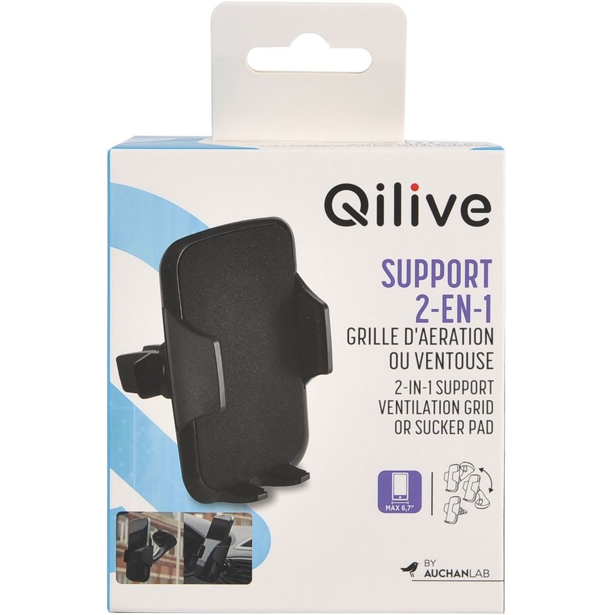 QILIVE Support de téléphone 2 en 1  pour voiture Grille aération ou ventouse