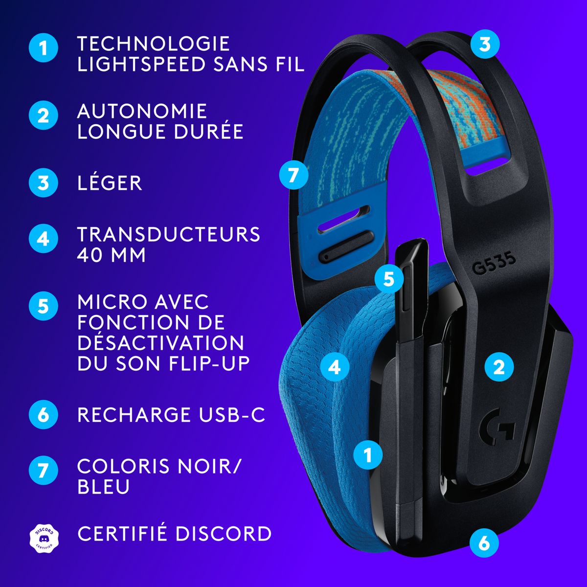LOGITECH Casque Gaming sans fil G535 Lightspeed - Noir et Bleu