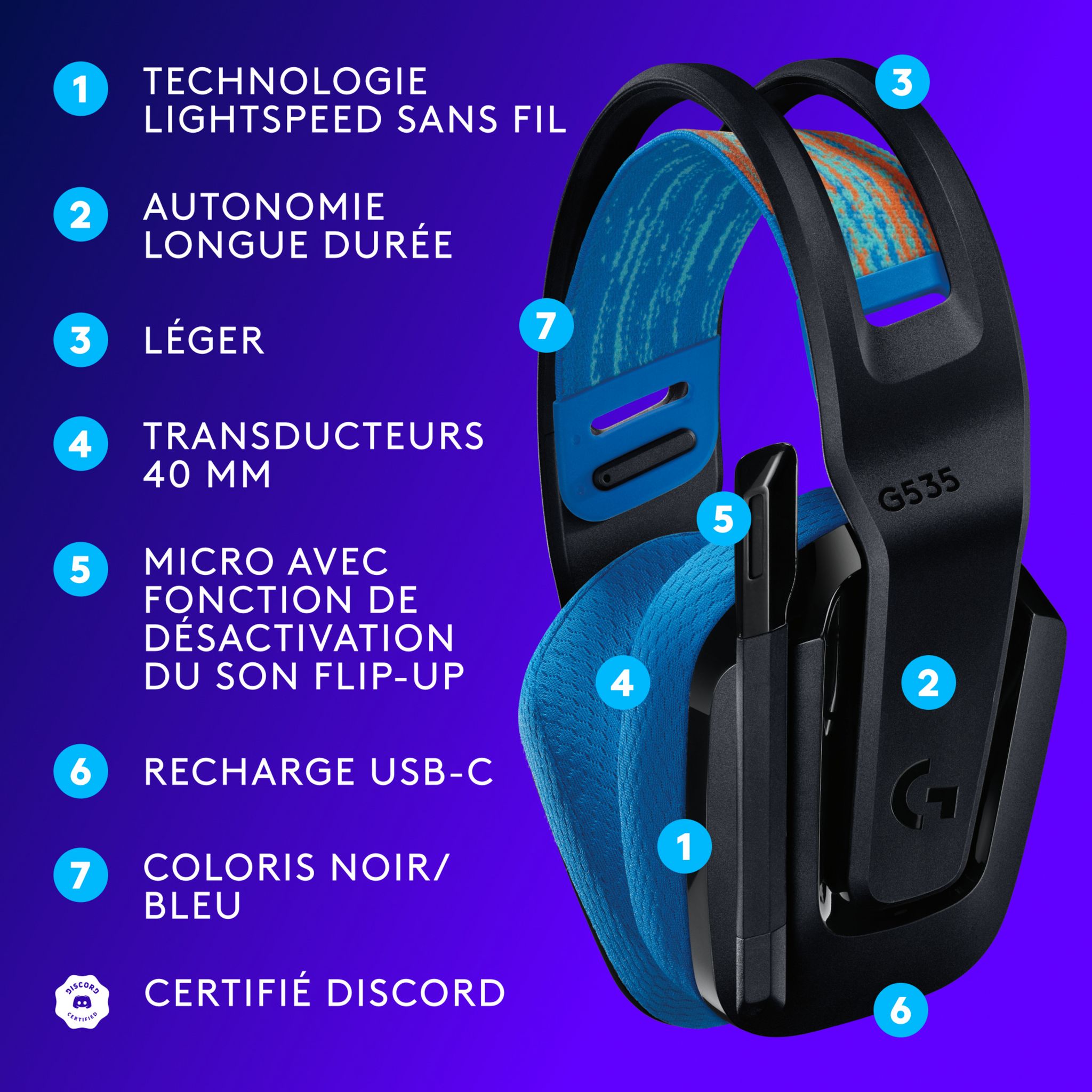 Voir la diapositive 6 : LOGITECH Casque Gaming sans fil G535 Lightspeed - Noir et Bleu