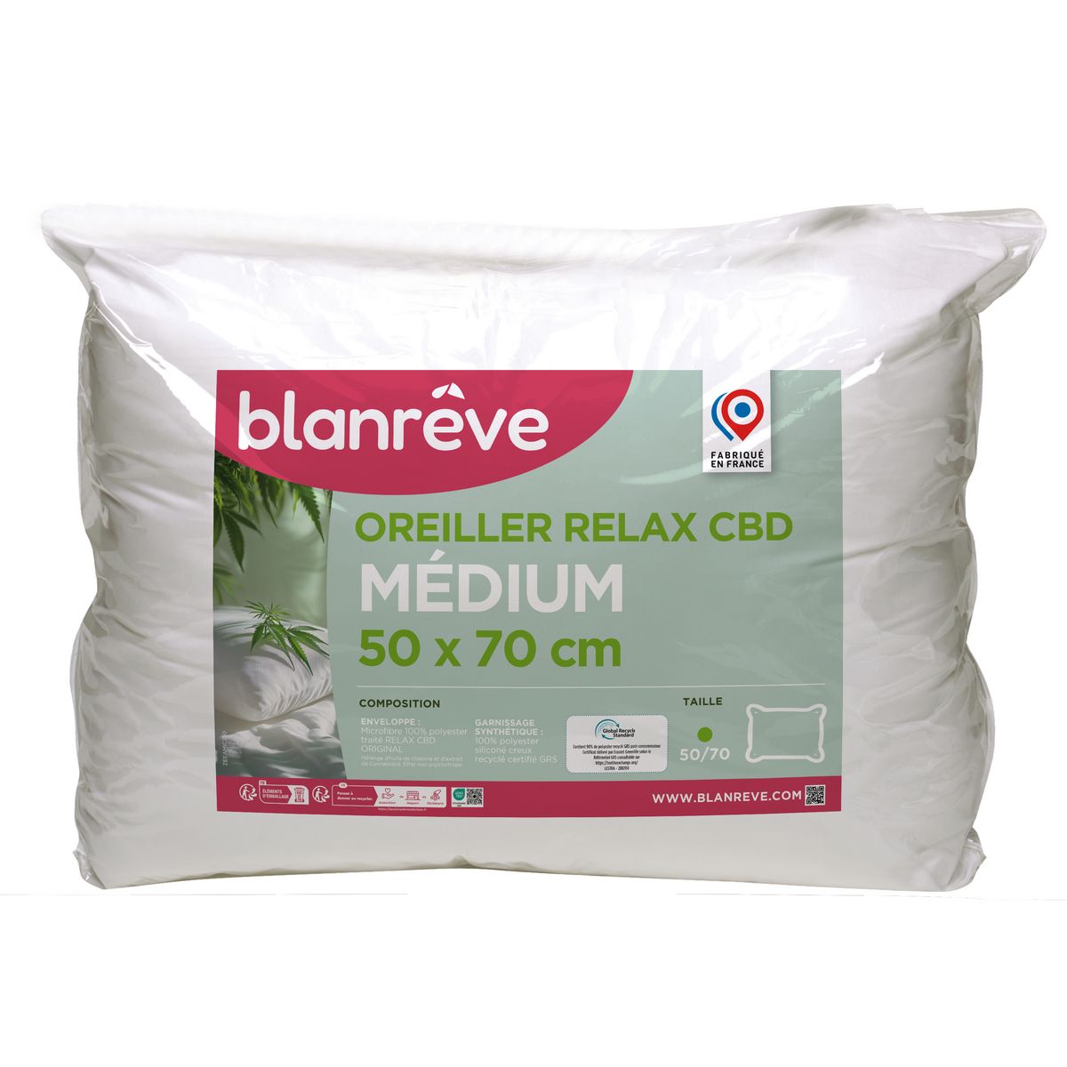 BLANREVE Oreiller confort médium en microfibre traité RELAX CBD ORIGINAL