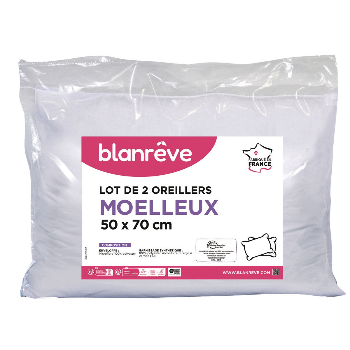 BLANREVE Lot de 2 oreillers confort moelleux