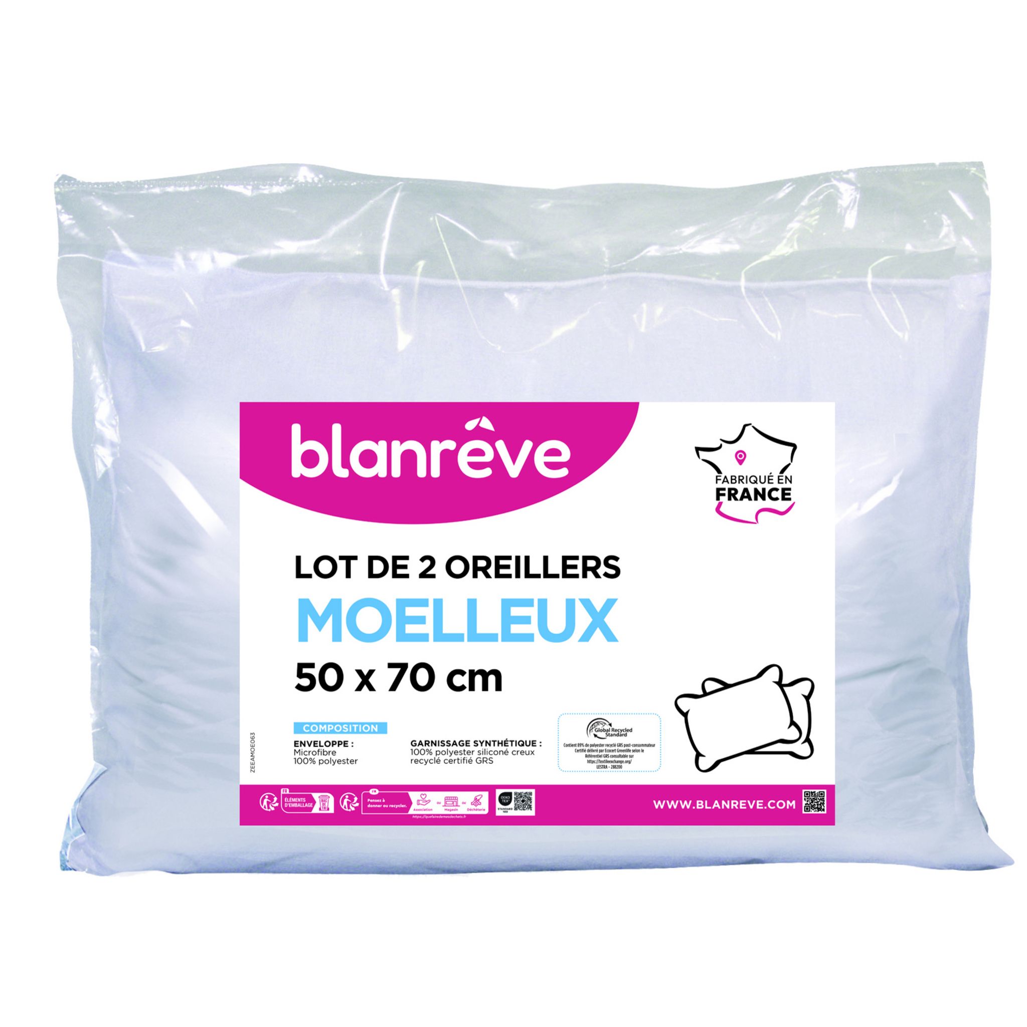 BLANREVE Lot de 2 oreillers confort moelleux en microfibre