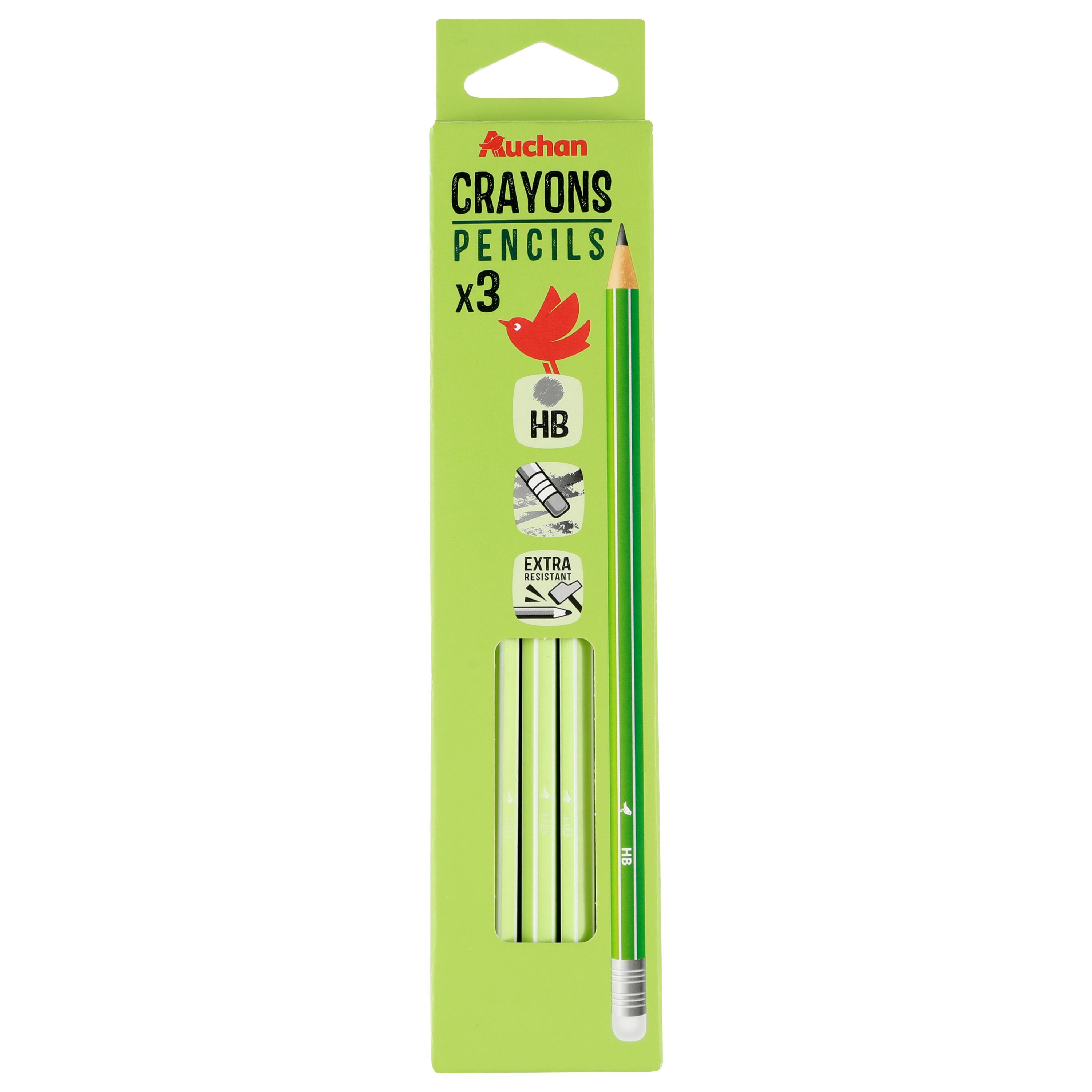AUCHAN Lot de 3 Crayons Graphites HB Bout de gomme - Plastique