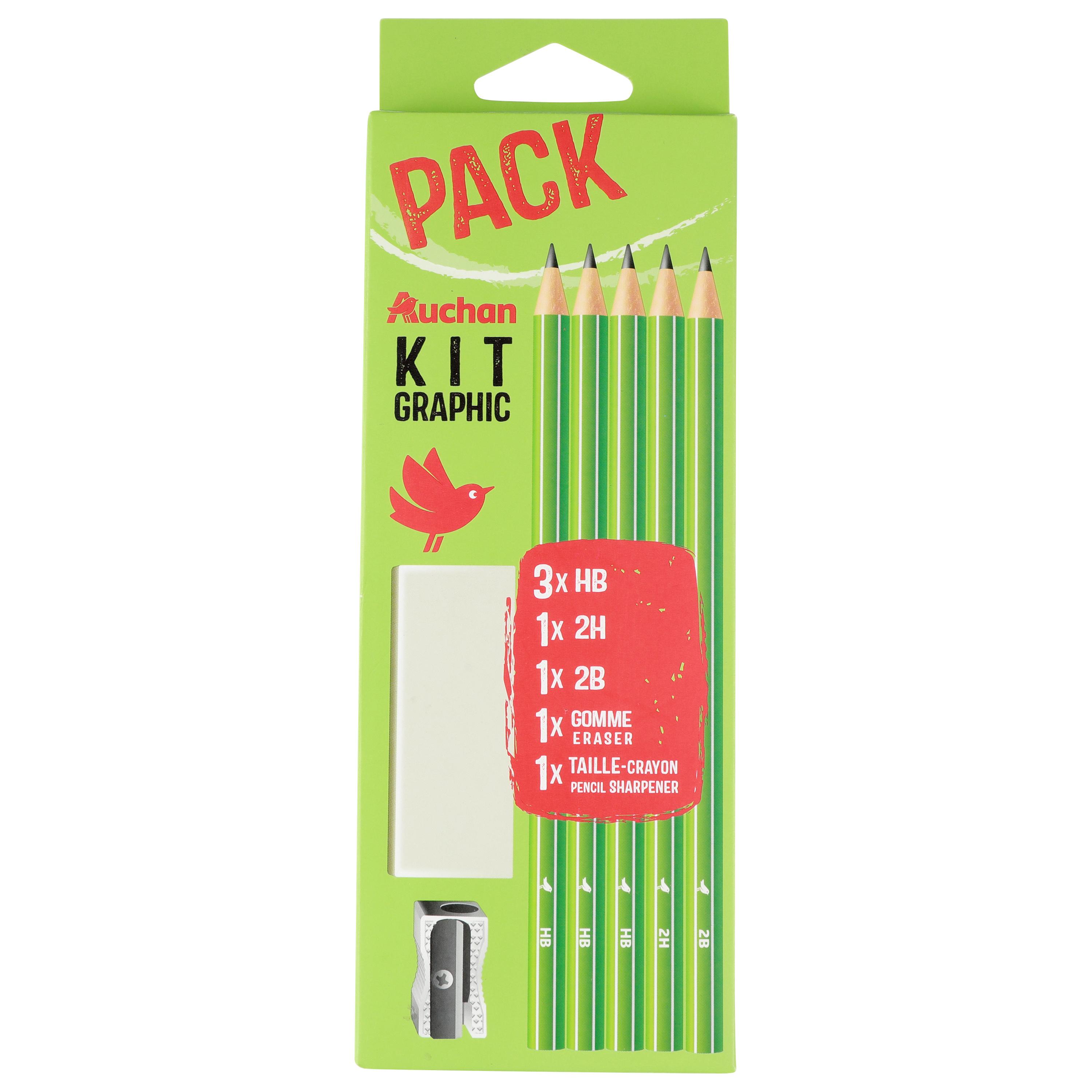 AUCHAN Lot de 5 Crayons Graphites 3xHB/1x2H/1x2B+1 gomme+1 taille crayon