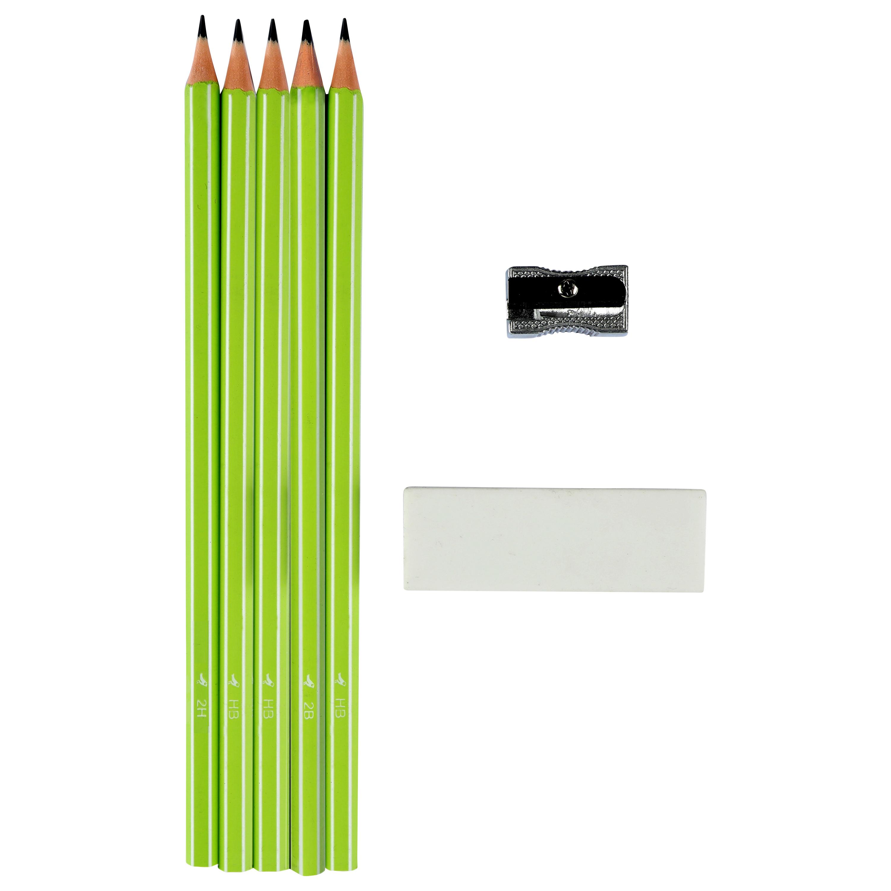 Voir la diapositive 2 : AUCHAN Lot de 5 Crayons Graphites 3xHB/1x2H/1x2B+1 gomme+1 taille crayon