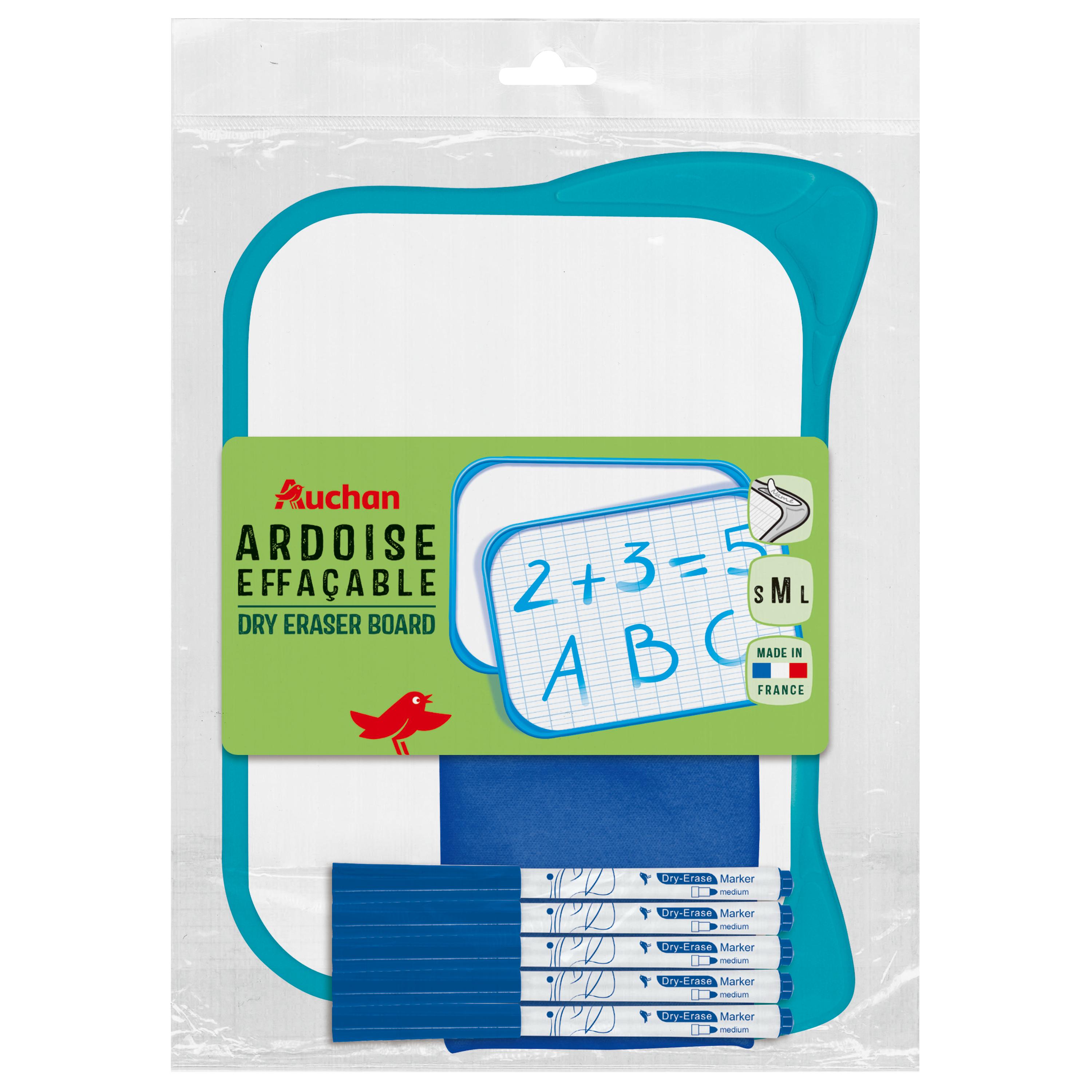 AUCHAN Ardoise blanche+Marqueurs bleus+effacette