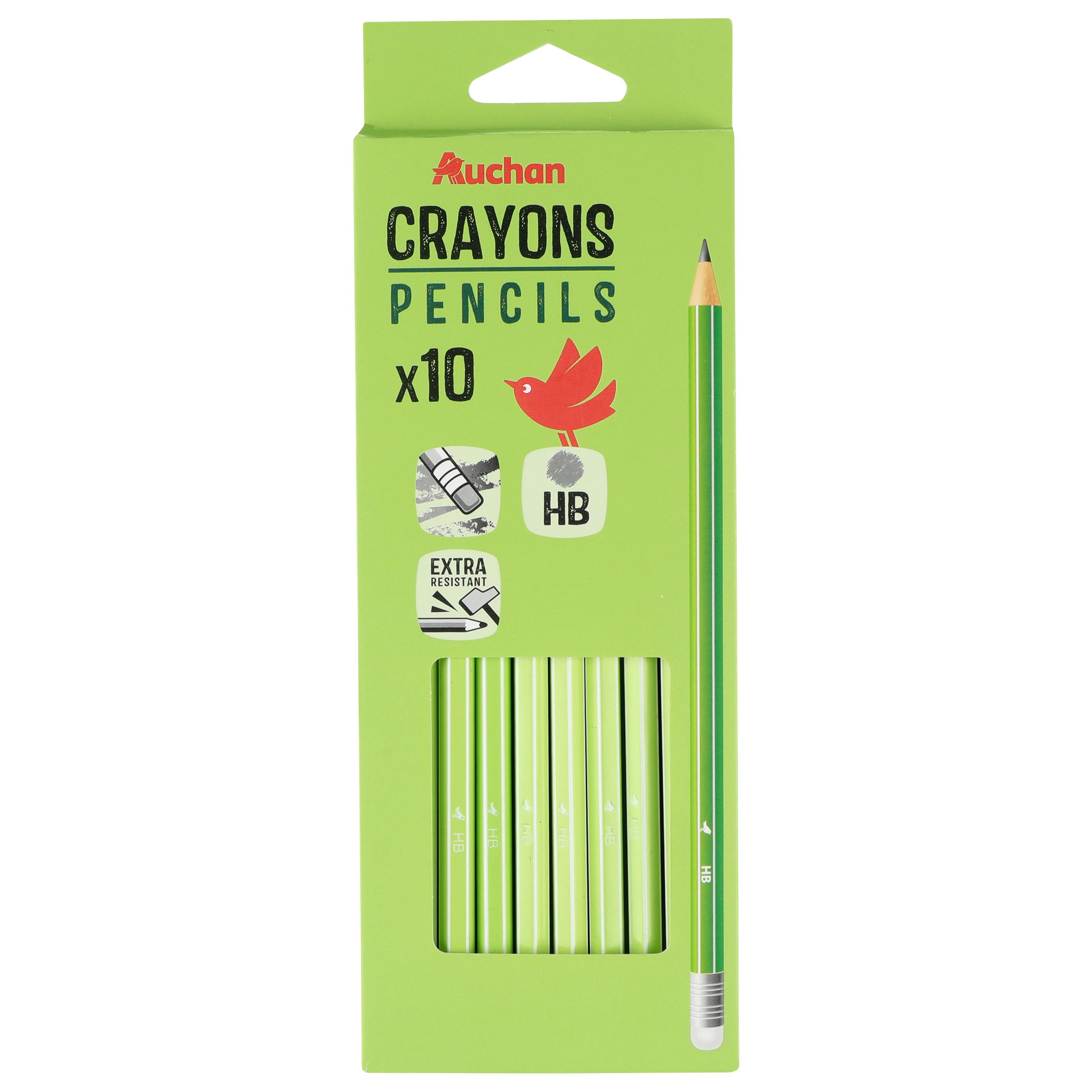 AUCHAN Lot de 10 Crayons Graphite HB Bout de gomme - Plastique
