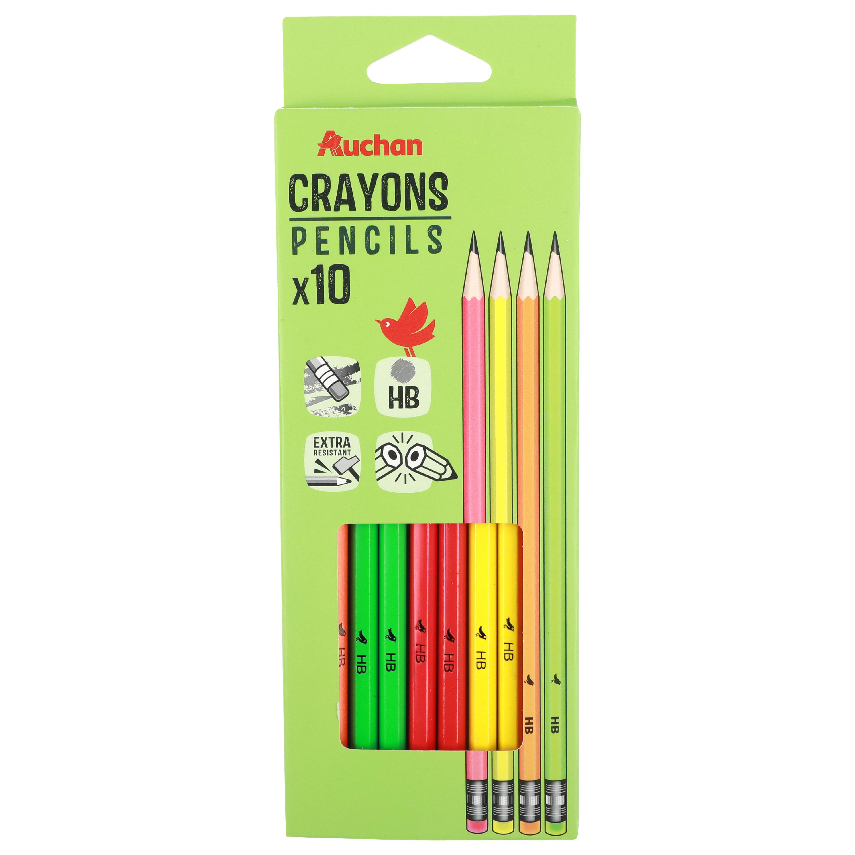 AUCHAN Lot de 10 Crayons Graphite Néon HB Bout de gomme - Plastique