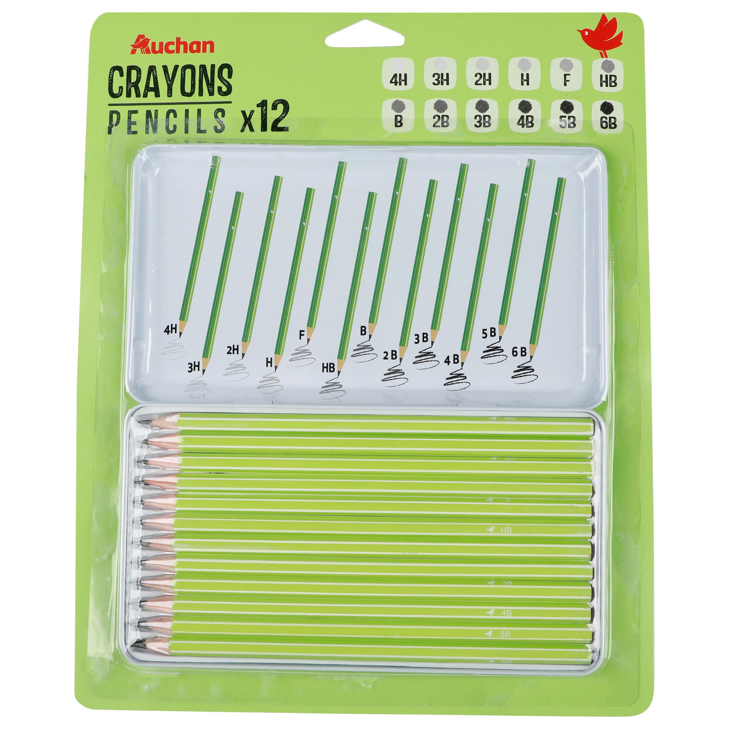 AUCHAN Boite métale de 12 Crayons Graphites 4H+6B+1F+1HB