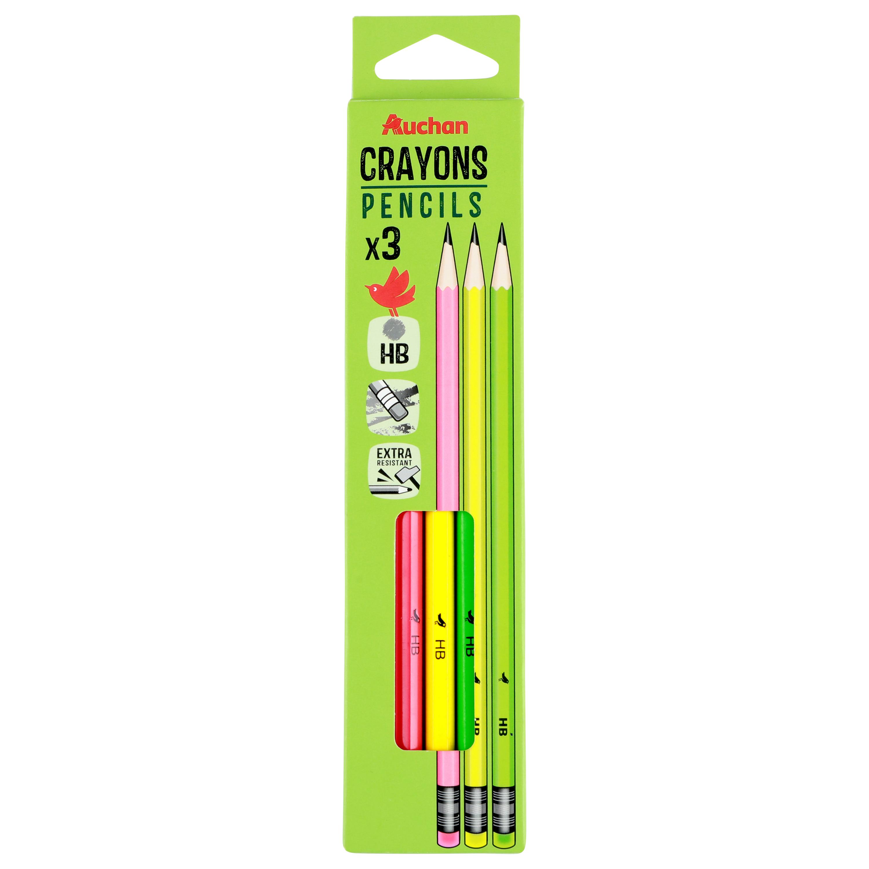 AUCHAN Lot de 3 Crayons Graphite Néon HB Bout de gomme