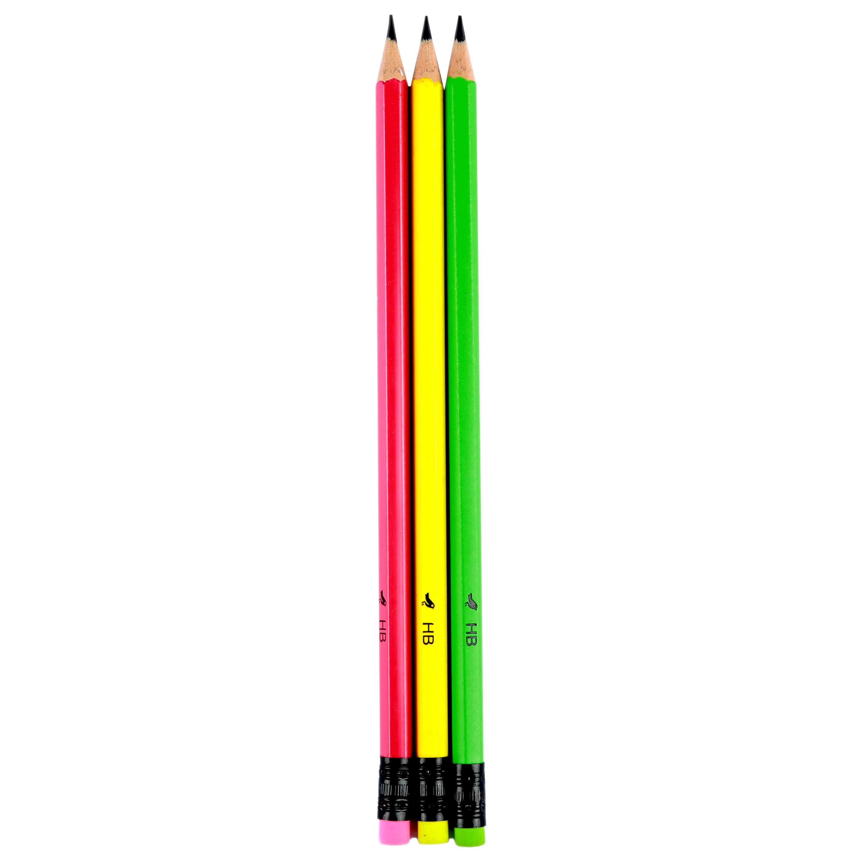 Voir la diapositive 2 : AUCHAN Lot de 3 Crayons Graphite Néon HB Bout de gomme