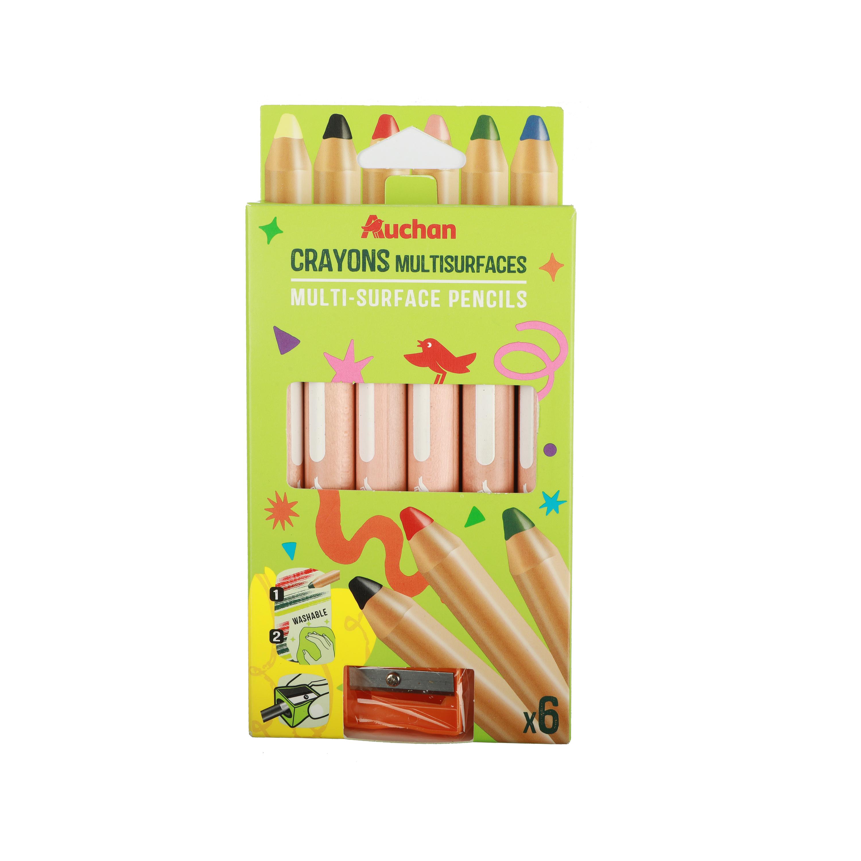 AUCHAN Pochette de 6 crayons multisurface+Taille crayon inclus