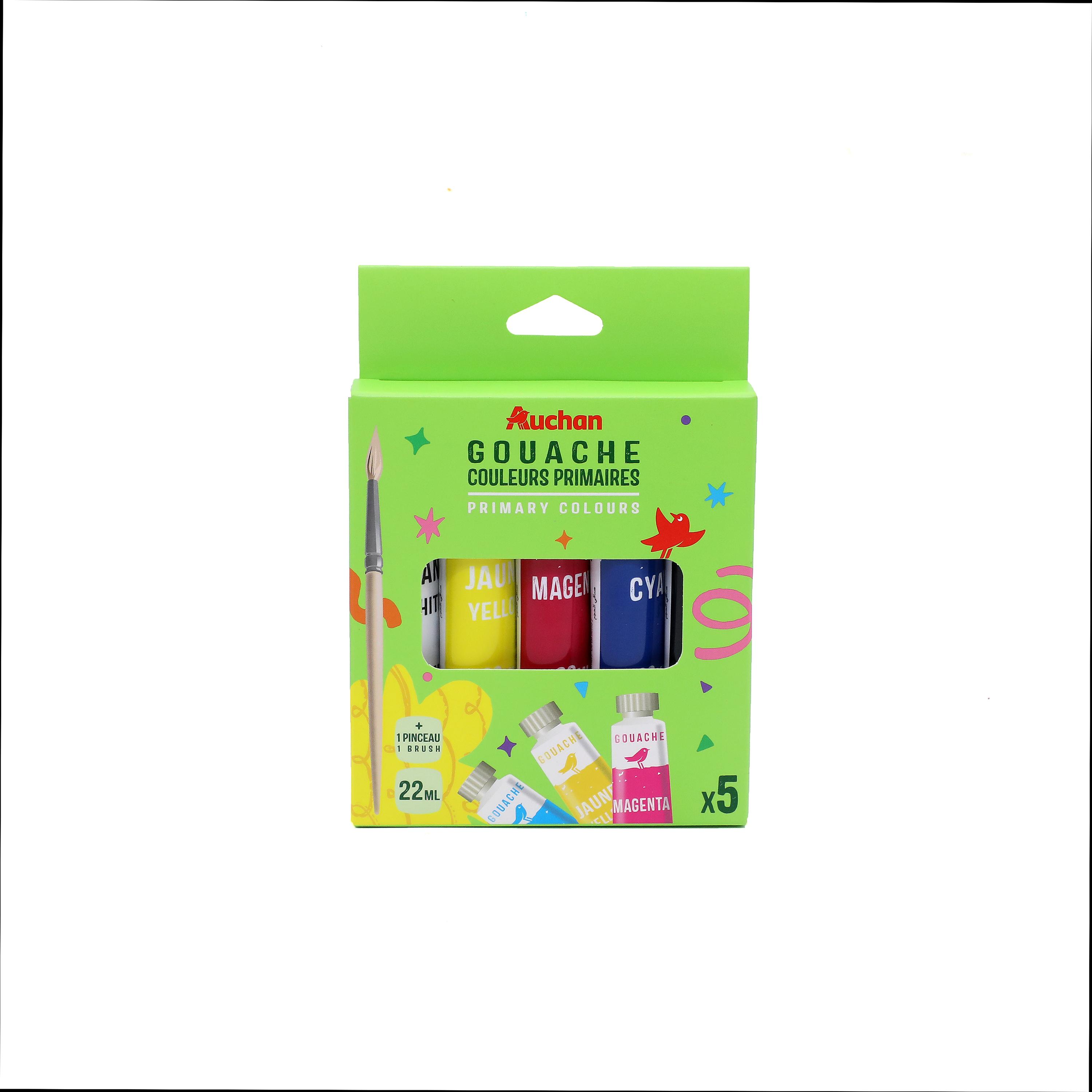 AUCHAN Tubes de gouache x5 22ml - Couleurs primaires+Brosse