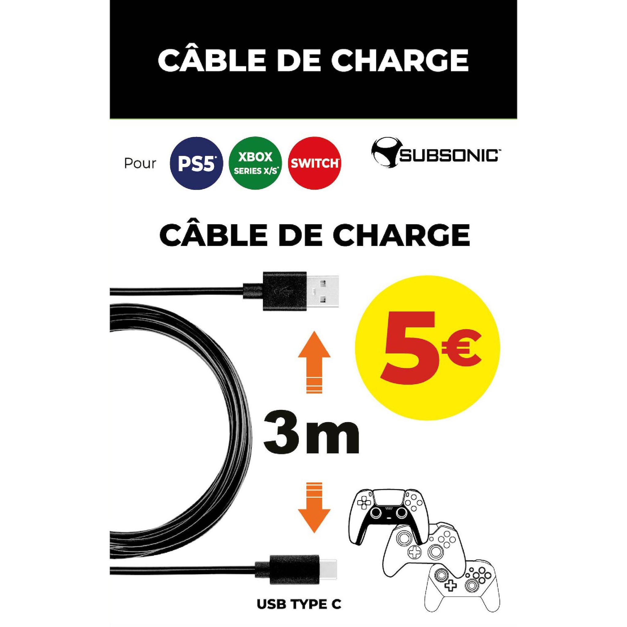SUBSONIC Câble de charge USB type C 3m PS5/ Xbox/ Switch