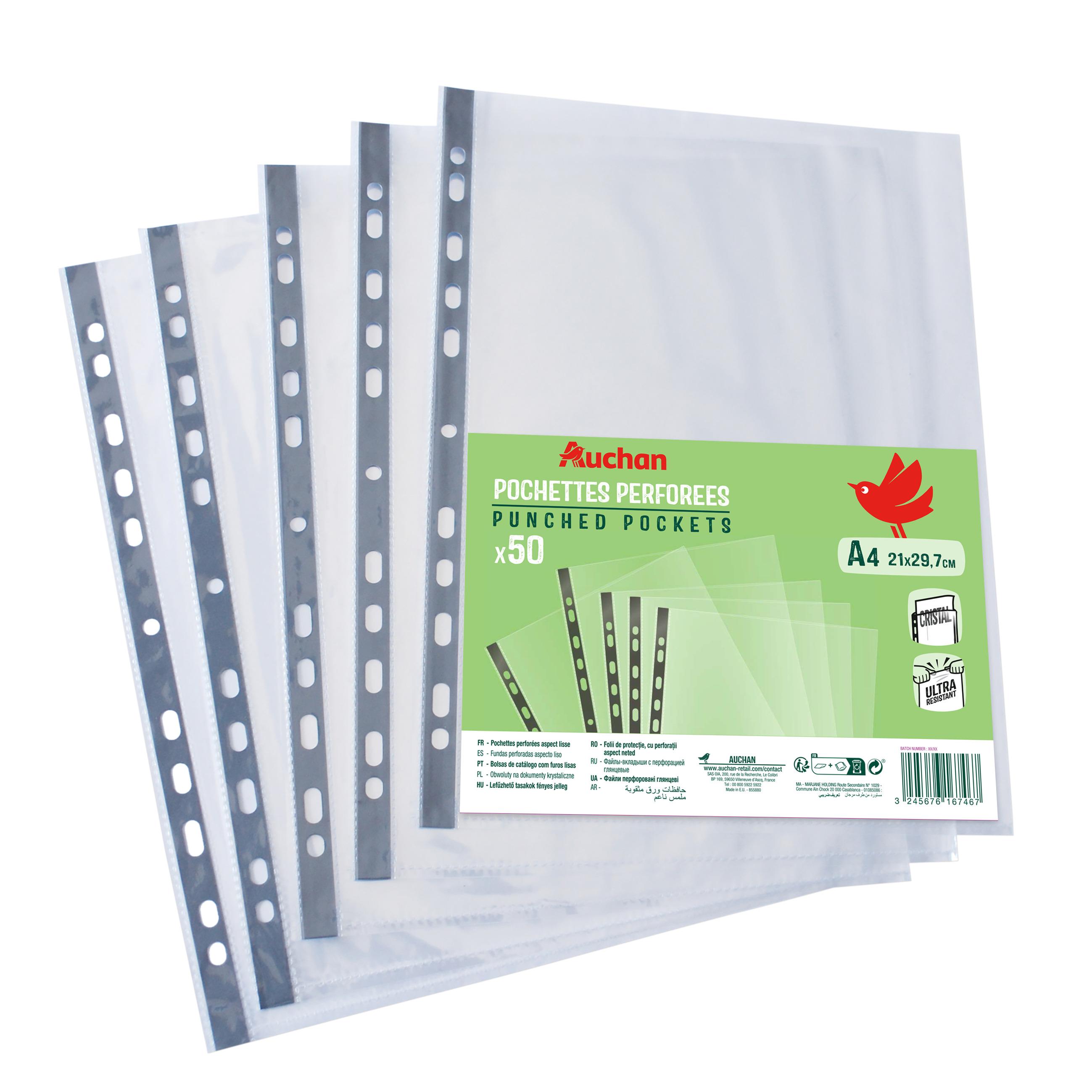 Voir la diapositive 3 : AUCHAN Pochettes x50 Perforées 50 microns 21x29.7cm