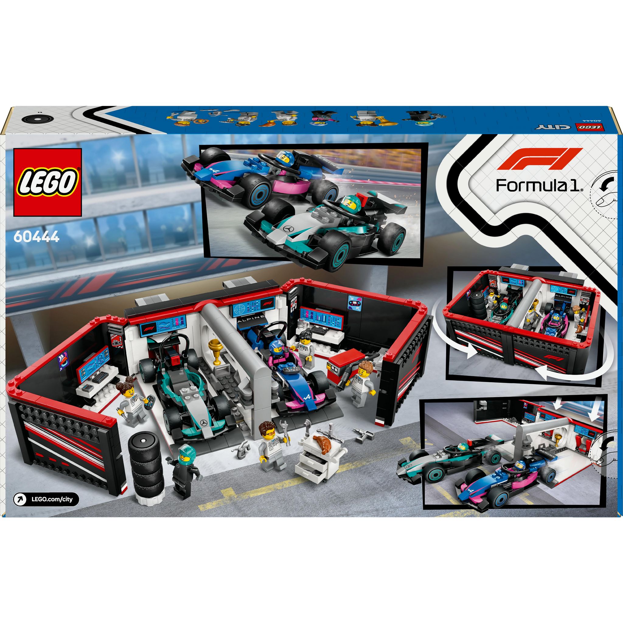 Voir la diapositive 3 : LEGO City 60444 - Garage de F1et voitures Mercedes AMG et Alpine