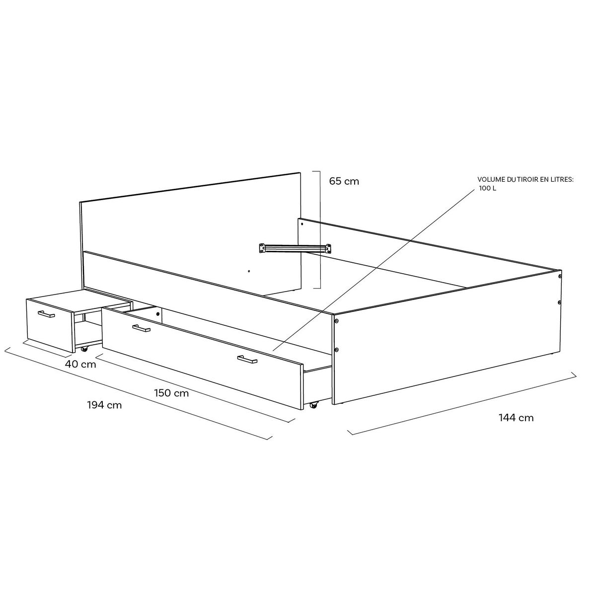 Lit double avec rangements 140X190 cm 1 chevet 1 tiroir BLAST