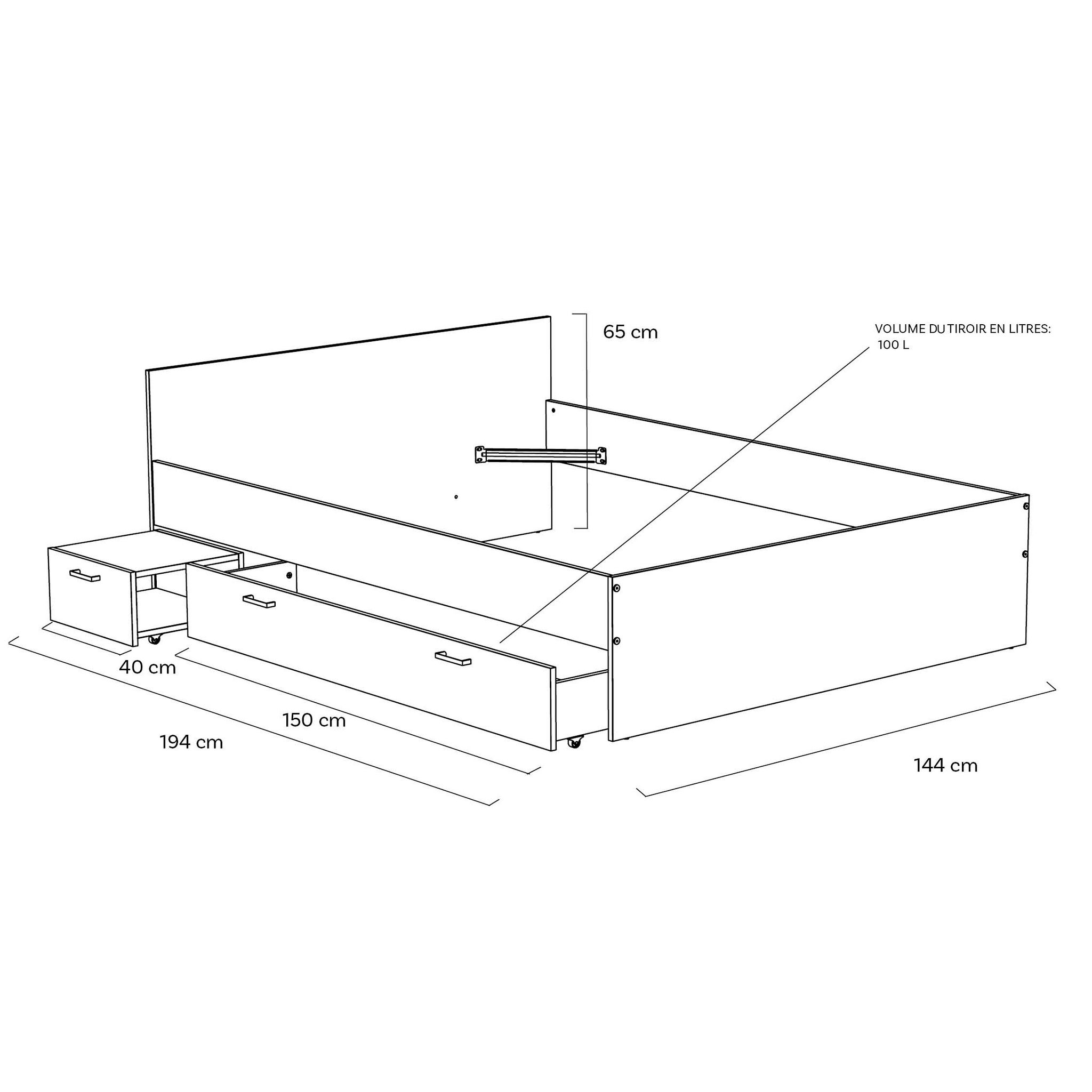 Voir la diapositive 4 : Lit double avec rangements 140X190 cm 1 chevet 1 tiroir BLAST