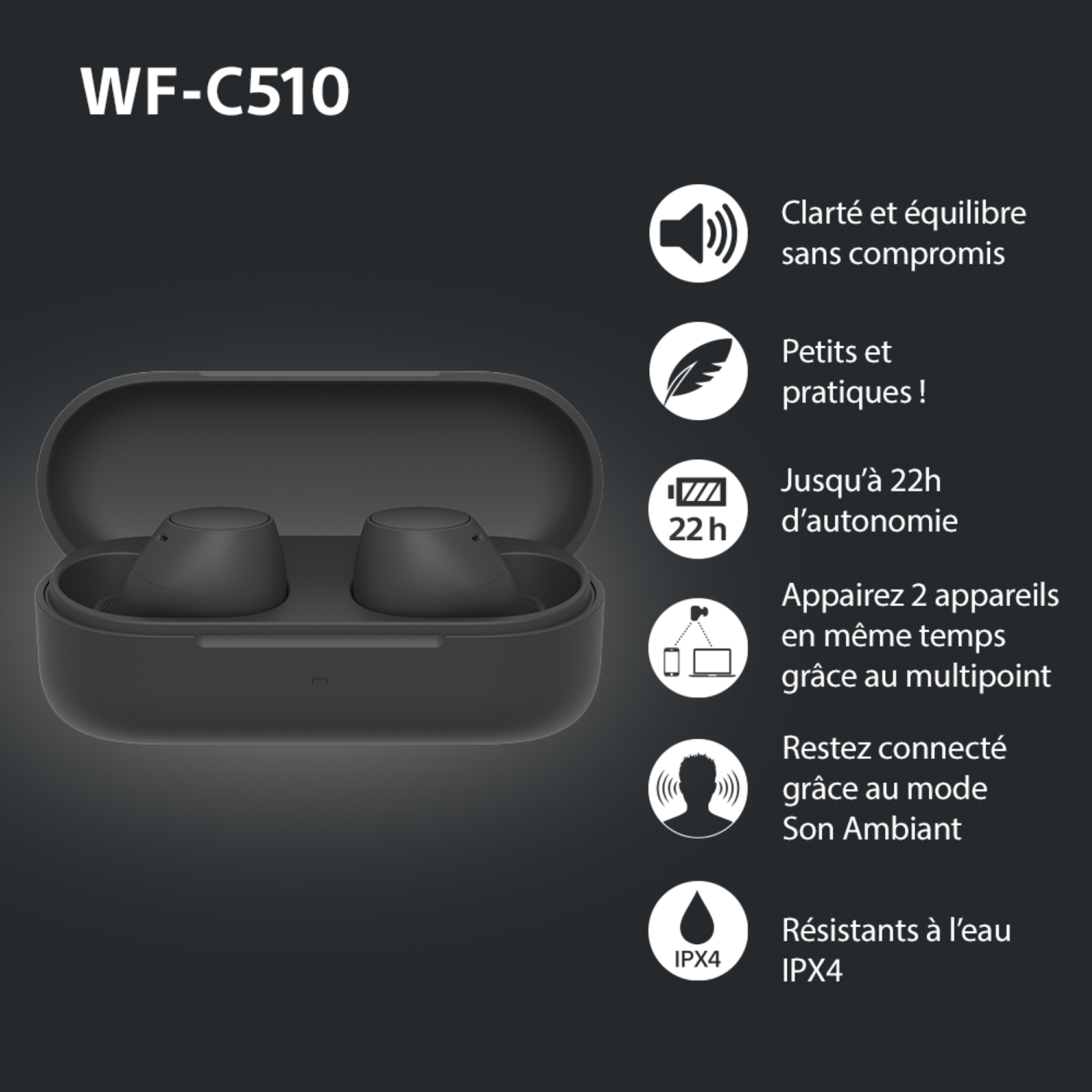 Voir la diapositive 3 : SONY Écouteurs WF C510 - Noir