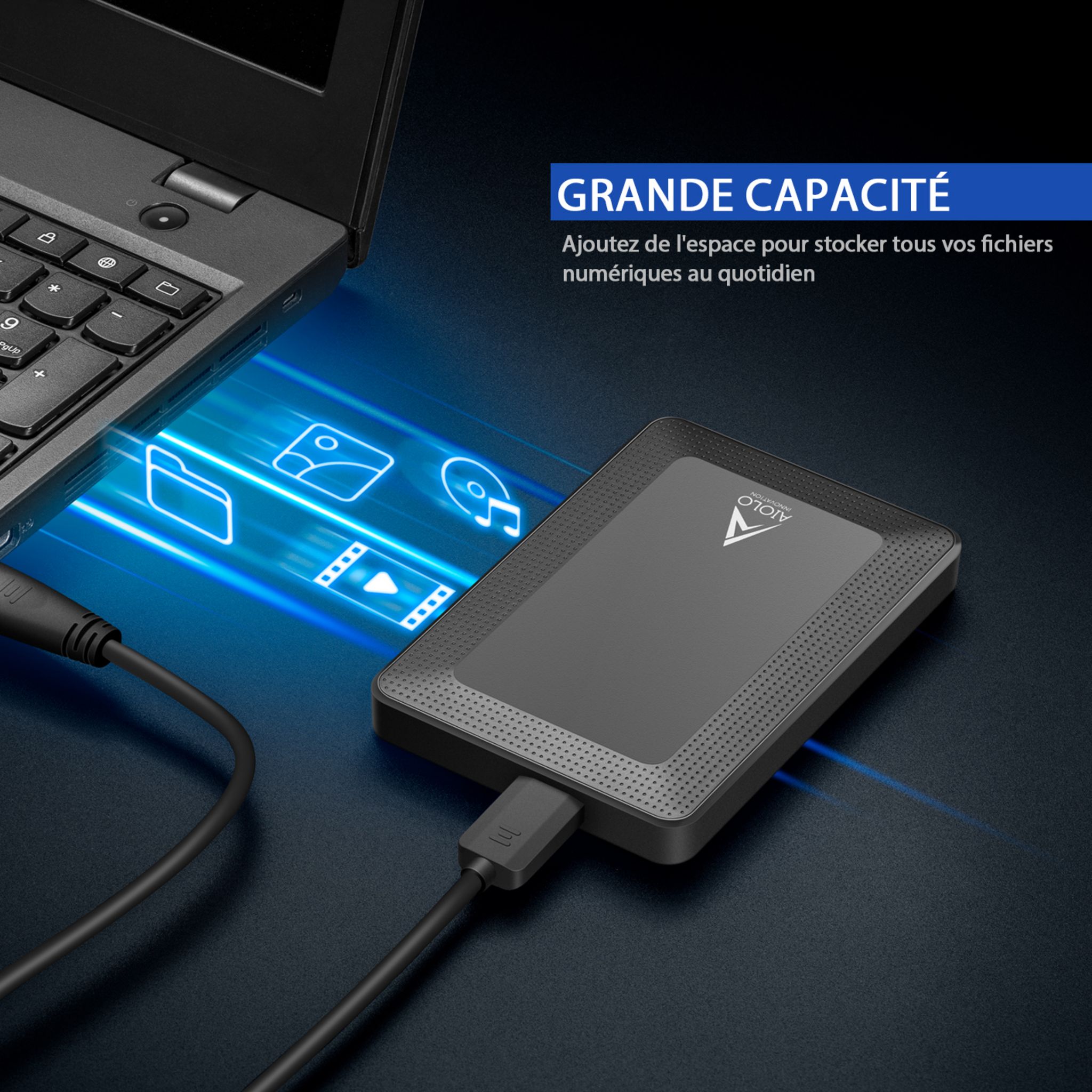 Voir la diapositive 5 : AIOLO Disque Dur Externe 500Go - Noir