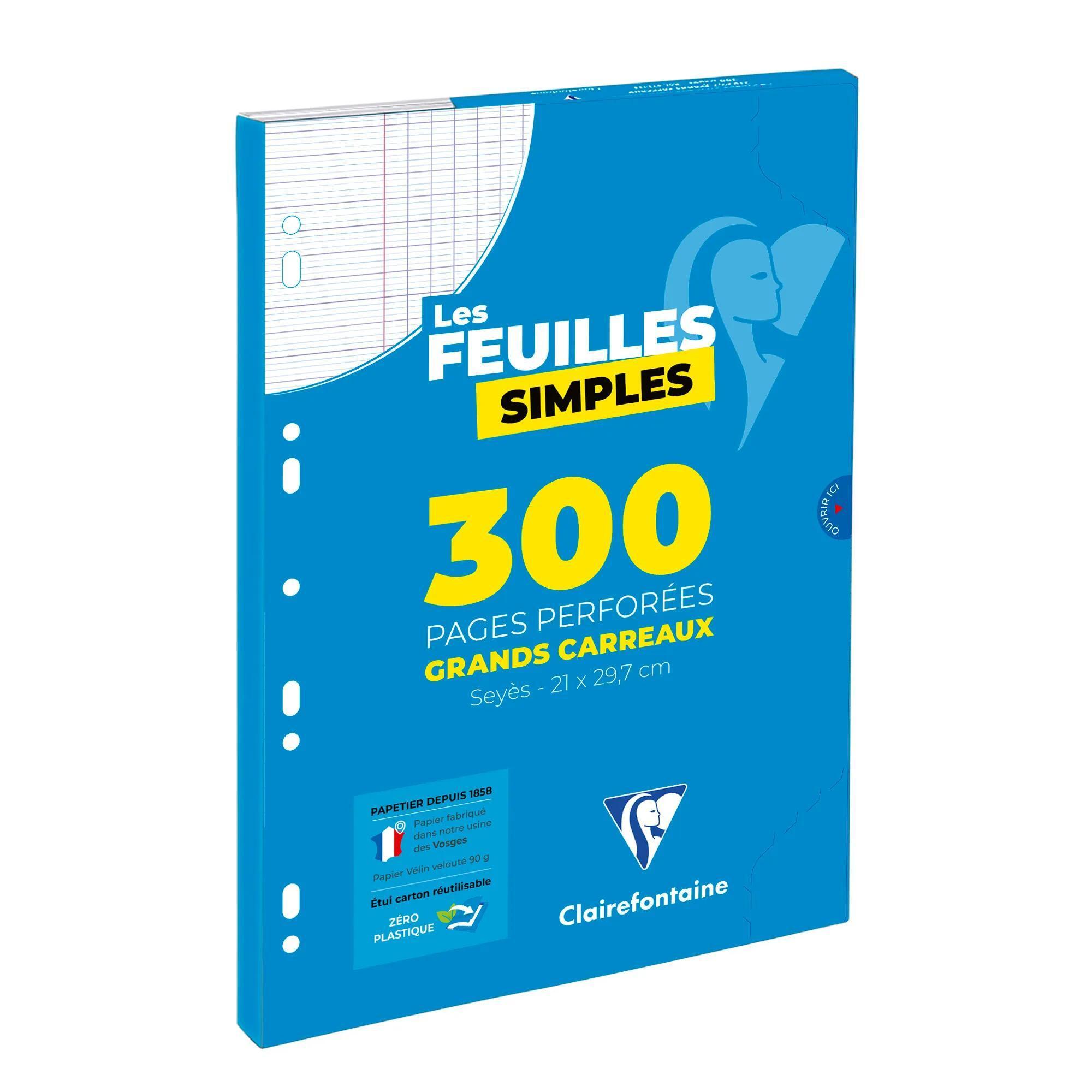 CLAIREFONTAINE Feuilles simples grands carreaux x300, perforées, format A4 sous étui