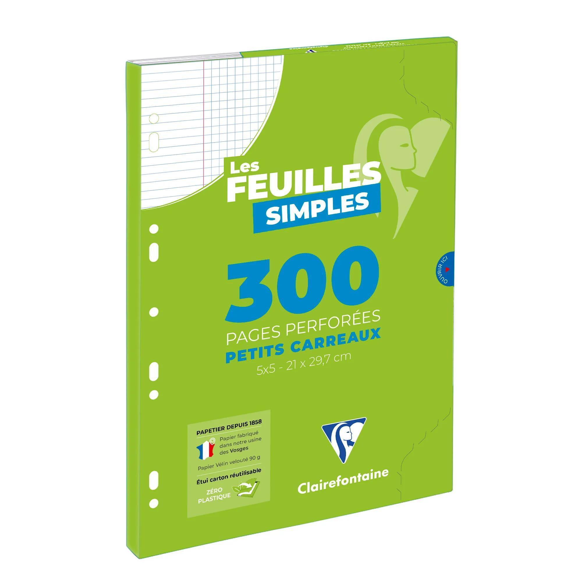 CLAIREFONTAINE Feuilles simples petits carreaux 5x5mm, 300 pages perforées sous étui