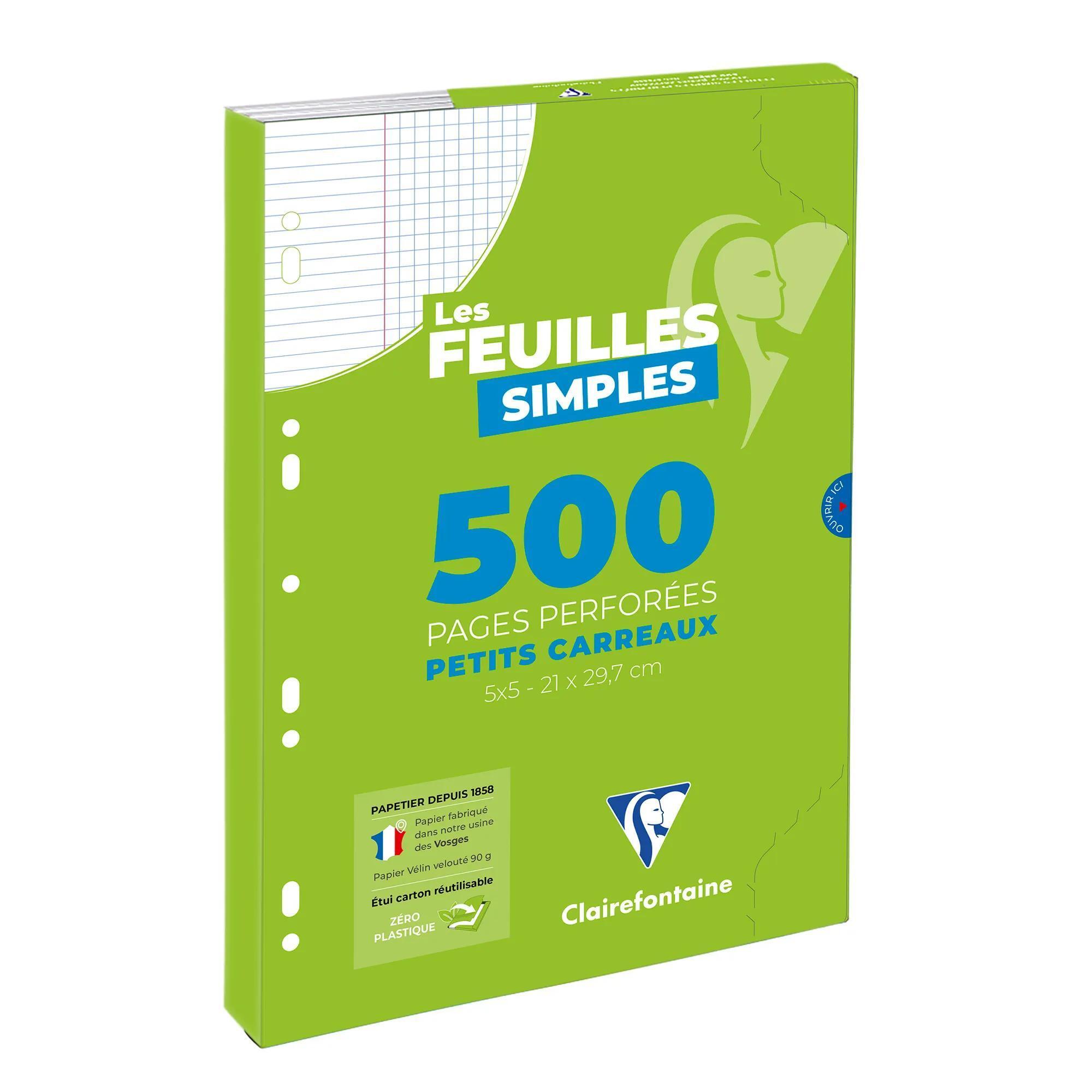 CLAIREFONTAINE Feuilles simples petits carreaux 5x5mm - 500 pages perforées - Format A4 sous étui