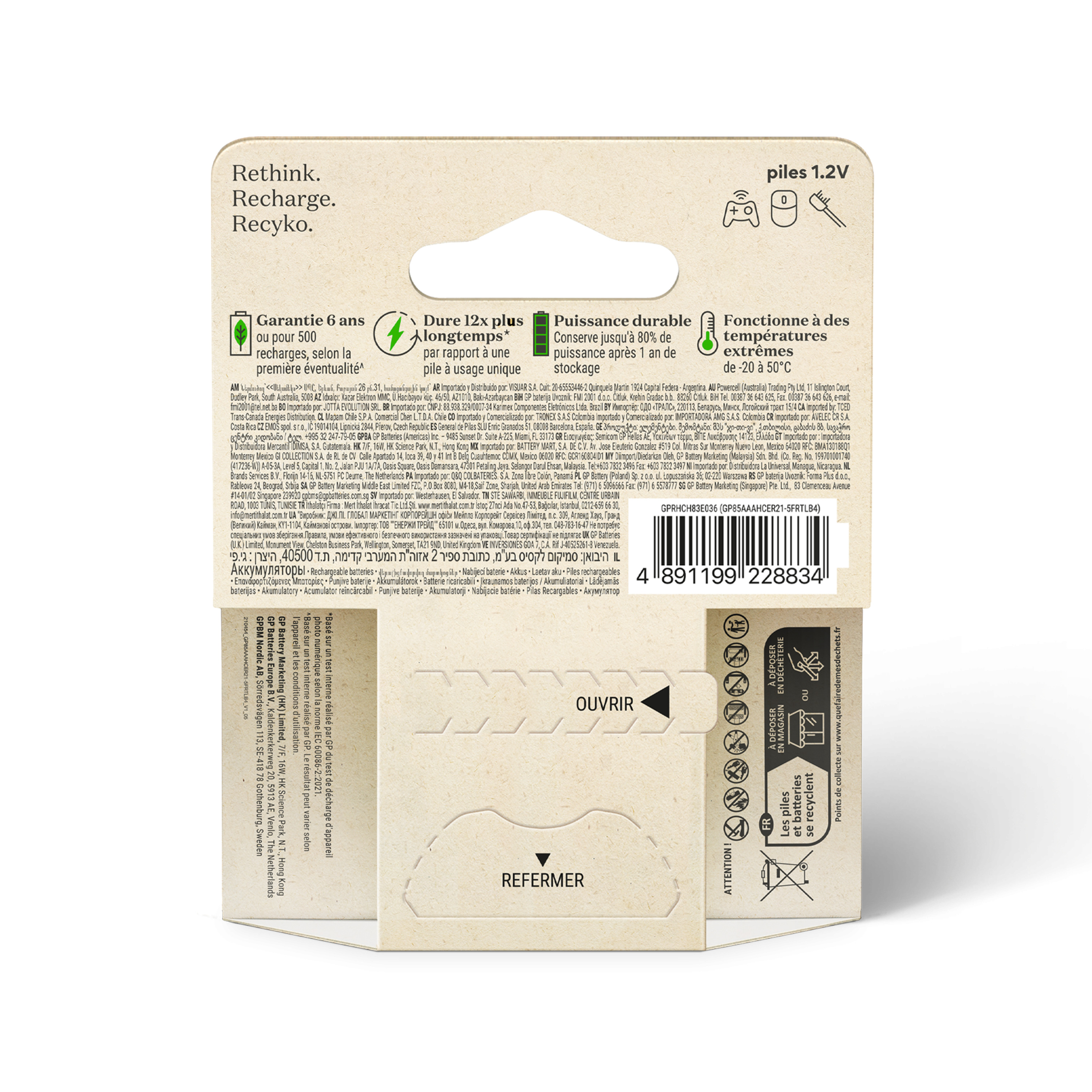 Voir la diapositive 2 : GP Lot de 4 piles rechargeables RECYKO+ AAA 850mAh