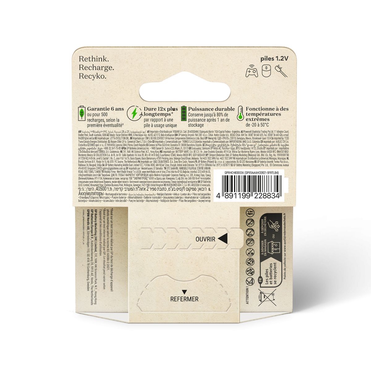 GP Lot de 4 piles rechargeables RECYKO+ AAA 850mAh