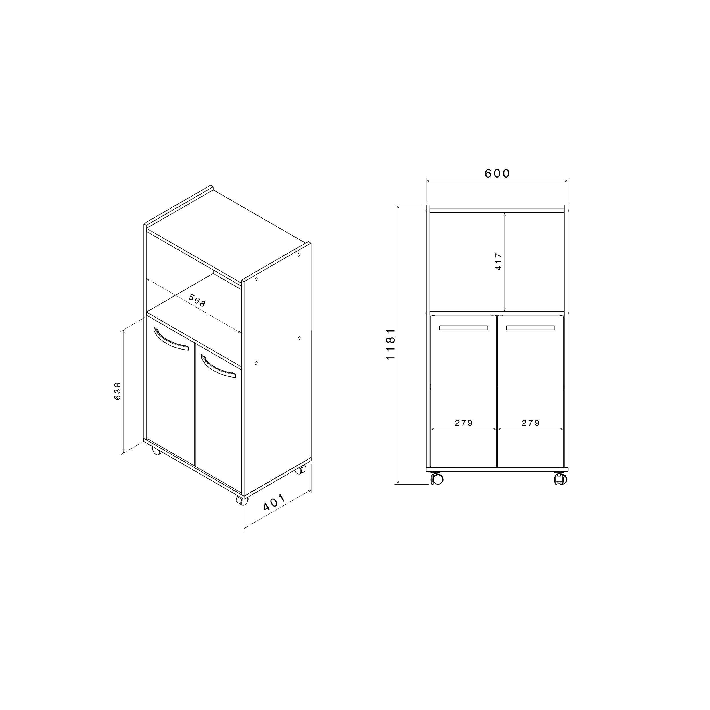 Voir la diapositive 2 : Desserte de cuisine avec roulettes 2 portes 1 niche L60cm ZAK