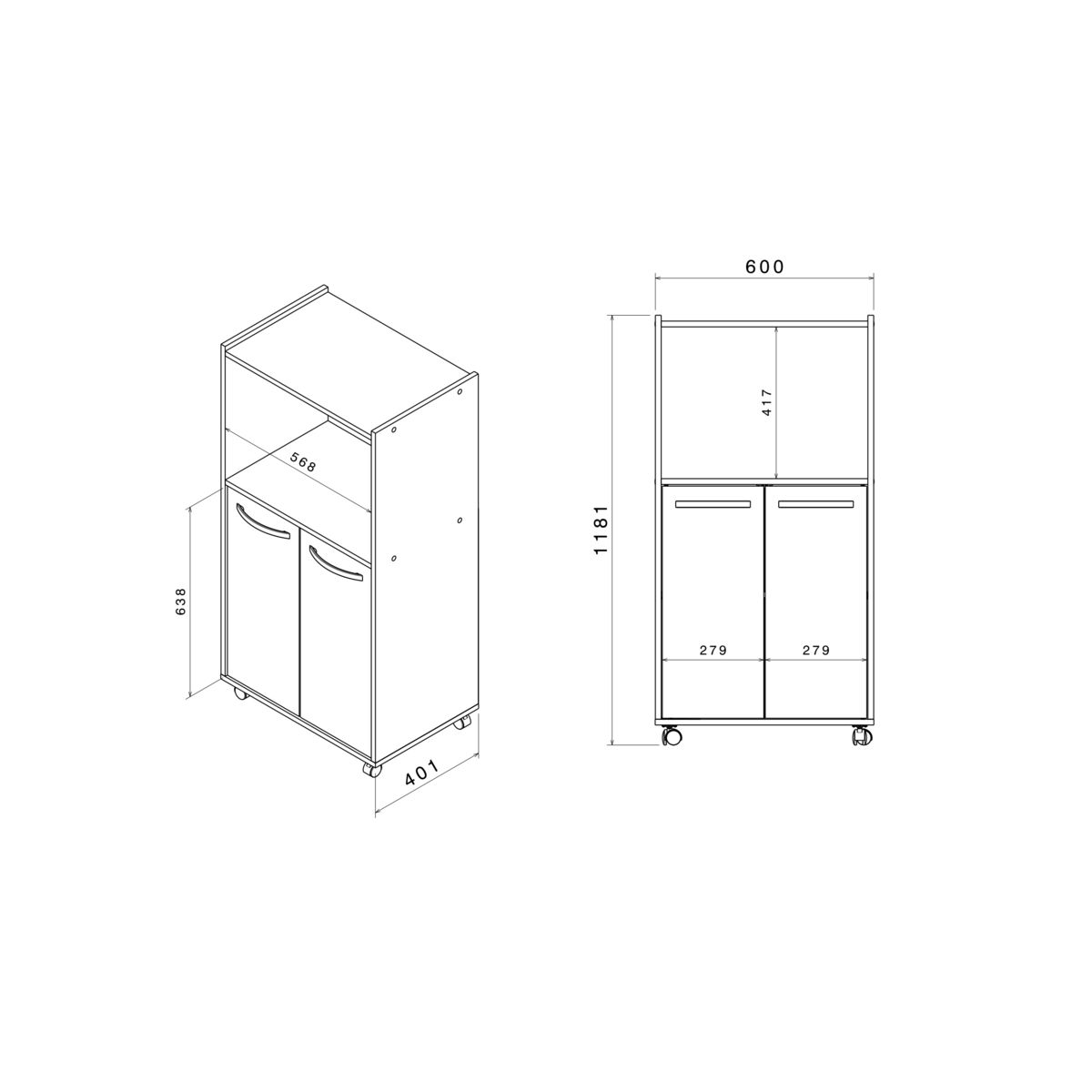 Desserte de cuisine avec roulettes 2 portes 1 niche L60cm ZAK