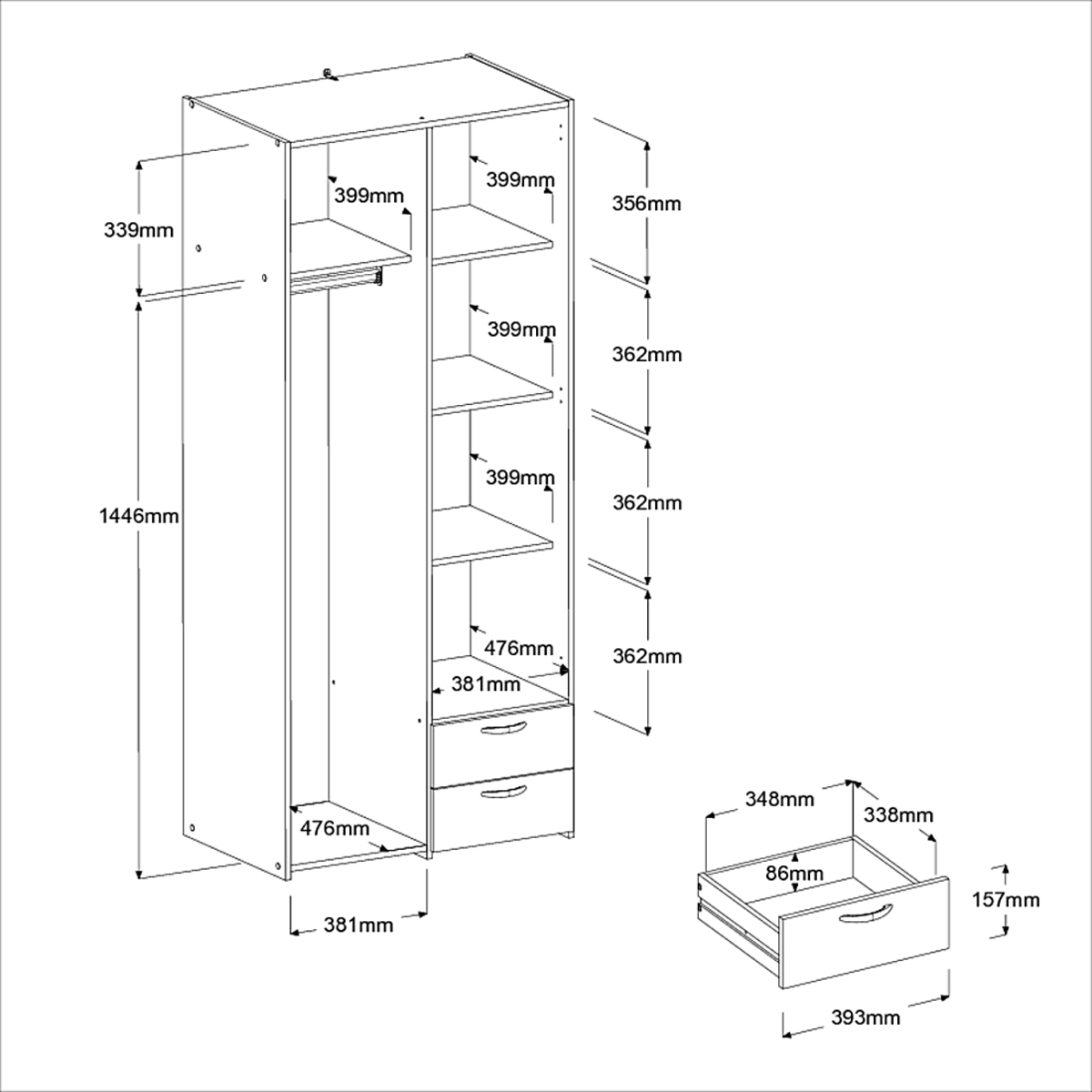 Voir la diapositive 3 : Armoire 2 portes dont 1 avec miroir et 2 tiroirs L81cm DAISY 2