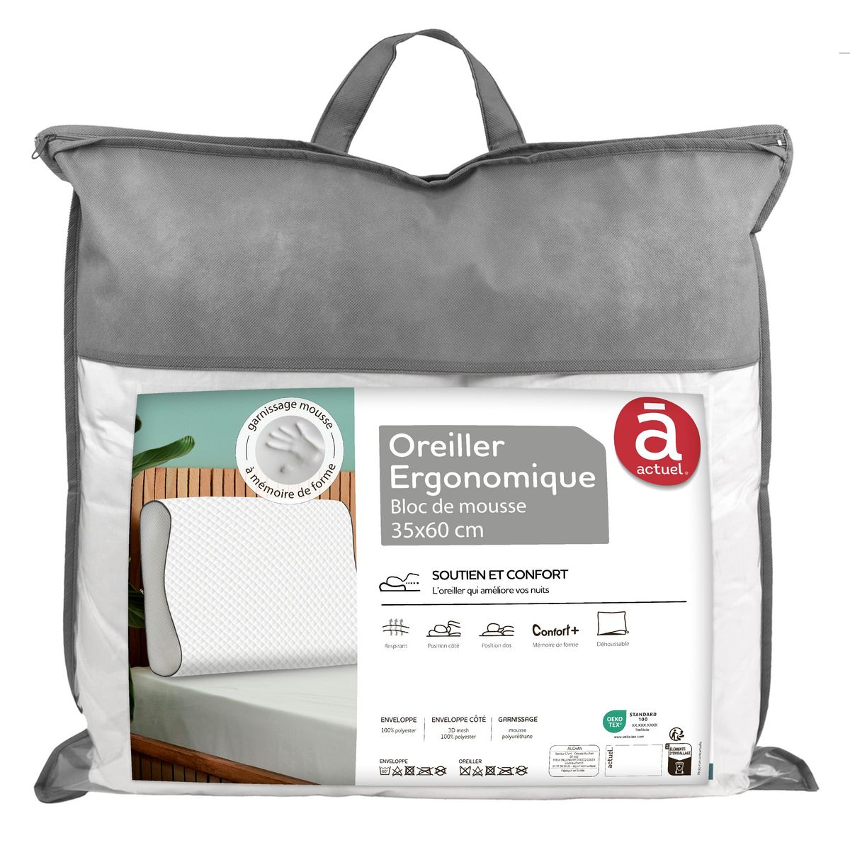 ACTUEL Oreiller ergonomique à mémoire de forme soutien et confort +