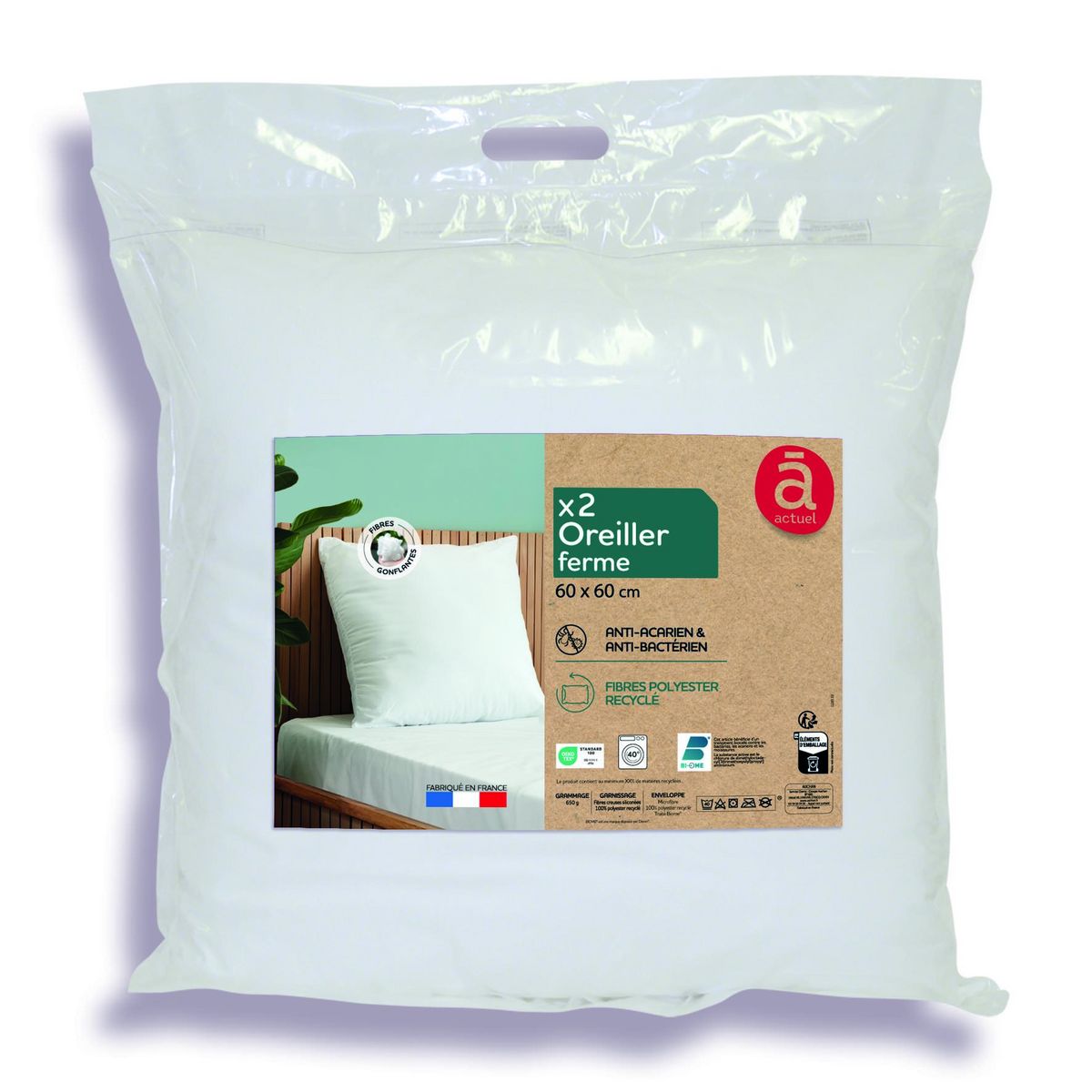 ACTUEL Lot de 2 oreillers confort ferme anti acarien et antibactérien