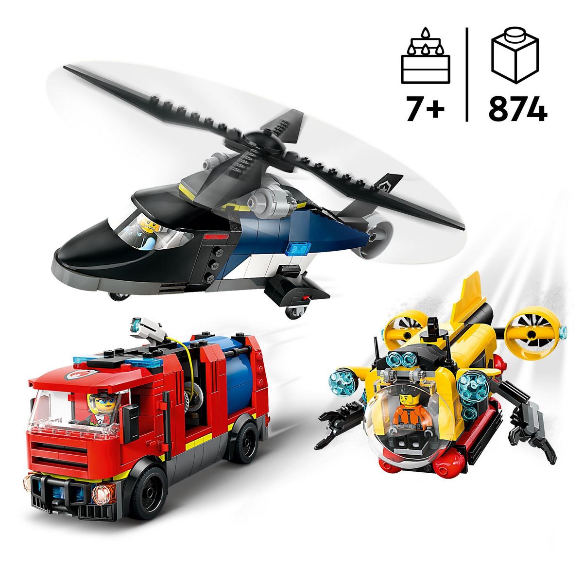 LEGO City 60462 - Hélicoptère, Camion de pompiers et sous-marin modulable