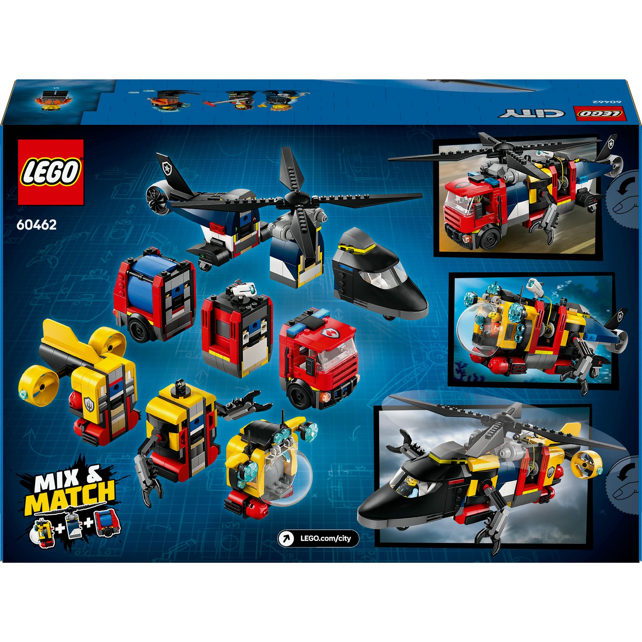 Voir la diapositive 8 : LEGO City 60462 - Hélicoptère, Camion de pompiers et sous-marin modulable